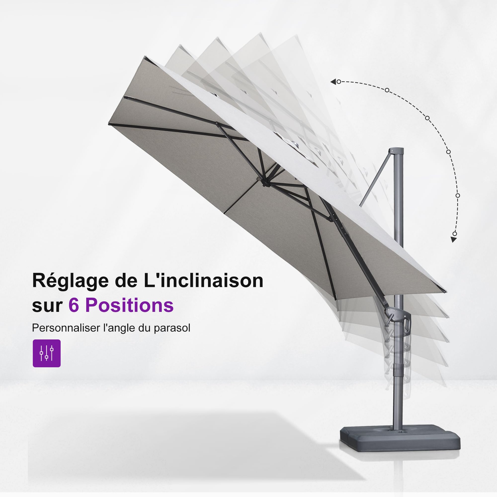 PURPLE LEAF Parasol Déporté 2,7 x 3,5 m Toile Simili-Acrylique Gris clair | Toile 240 g/m² UPF 50+, 2x plus résistant, Amovible et lavable, Inclinaison 6 positions, Rotation à 360°, Parasol de jardin
