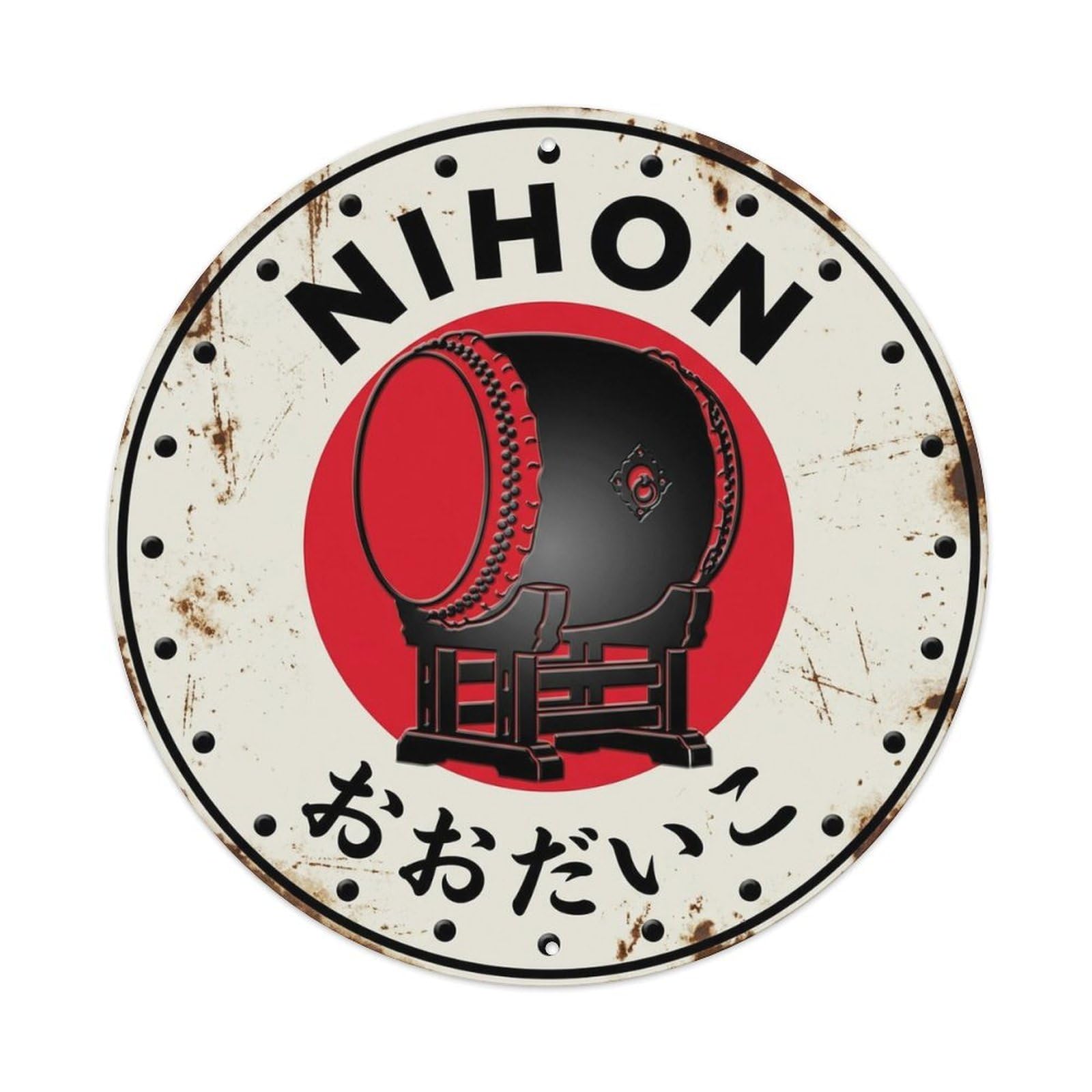 Odaiko Drum Nihon Large Barrel Rustic Classic Badge Metal Tin Sign Plaque Wall Decor for Cafe, Man Cave, Club Bar, Office, Home Garden Round Metal Poster 8x8Inch