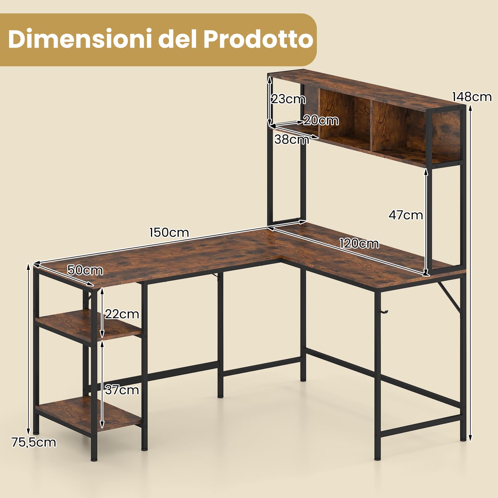 COSTWAY Scrivania a Forma di L con Libreria, Ripiani e Gancio per Cuffie, Scrivania Angolare in Legno con Robusto Telaio in Metallo, Scrittoio per Computer per Soggiorno, Studio e Ufficio (Marrone)
