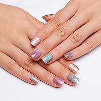 Vista 29 de Uñas postizas rosas cuadradas a presión, uñas falsas medianas con diseño de color sólido, uñas acrílicas degradadas, uñas artificiales brillantes