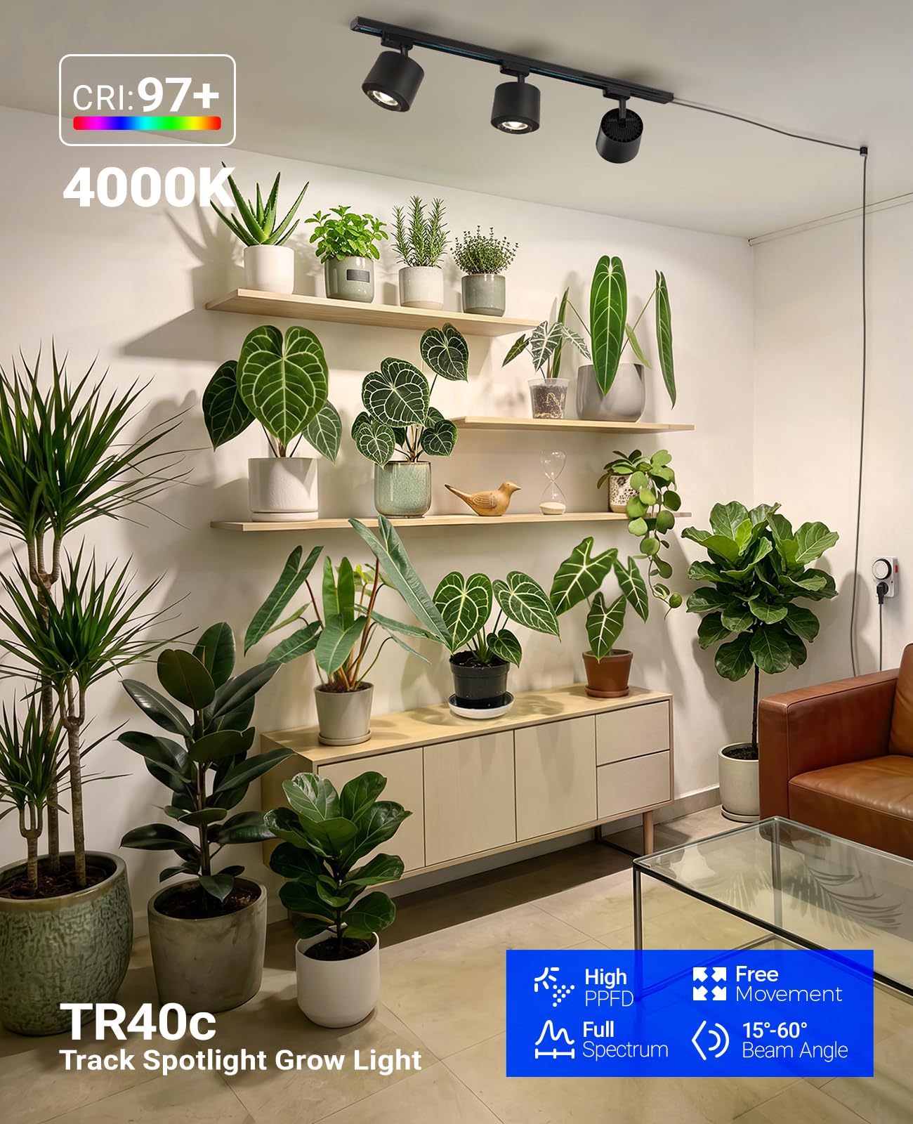 Barrina TR40C Schienen-Pflanzenlampe für Zimmerpflanzen, 120W, 4000K | Vollspektrum, Verstellbarer Abstrahlwinkel (15°–60°), LED-H-Lampen für Zimmerpflanzen, Hoher PPFD, mit Timer, Schwarz