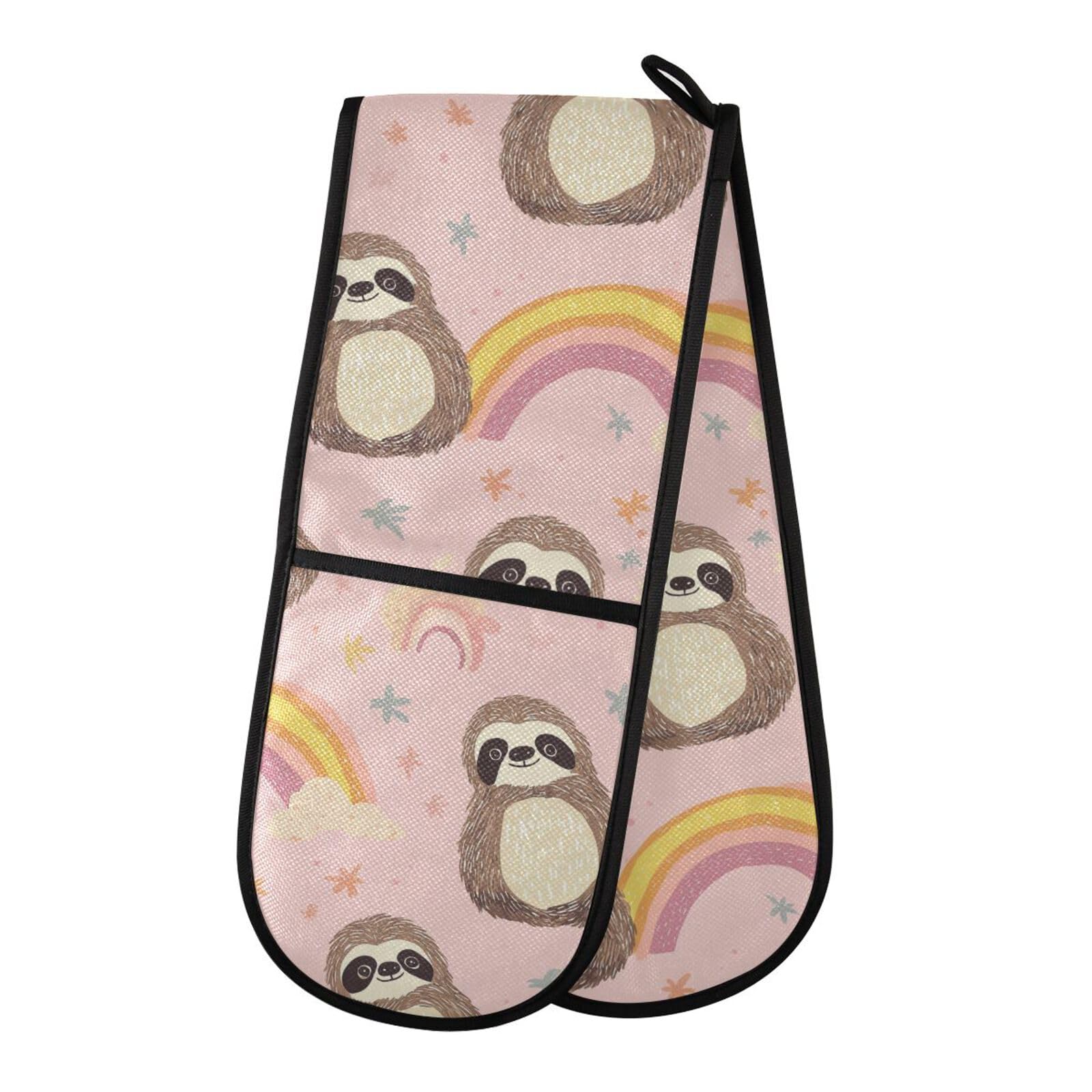 Double Oven Gloves Cute Sloths Rainbow Pink Heat Resistant Pot Holder Oven Mitt Gloves for BBQ Cooking Baking Grilling Microwave