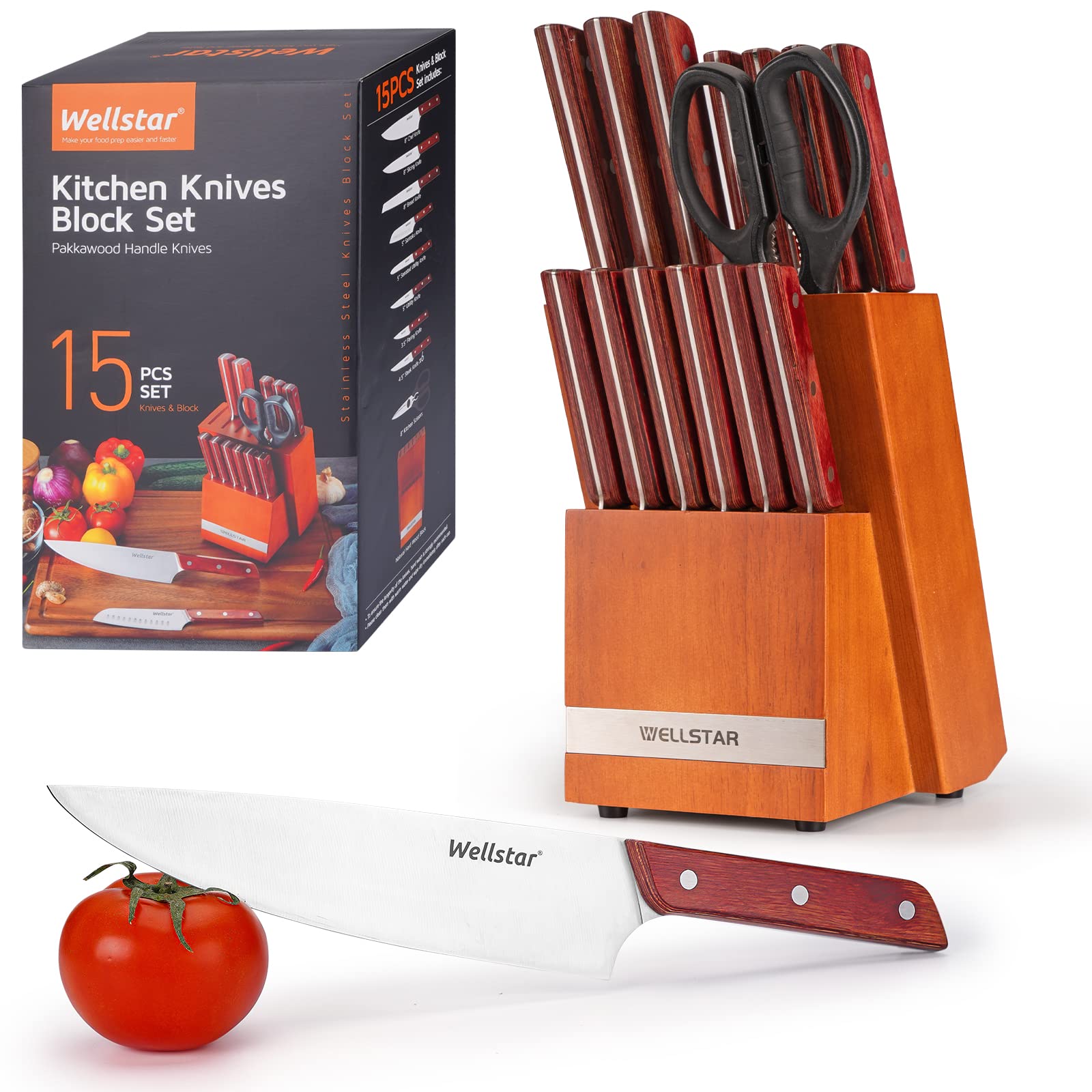 Kitchen Knife Block Set, WELLSTAR 15 Pieces Cooking Knives Set with