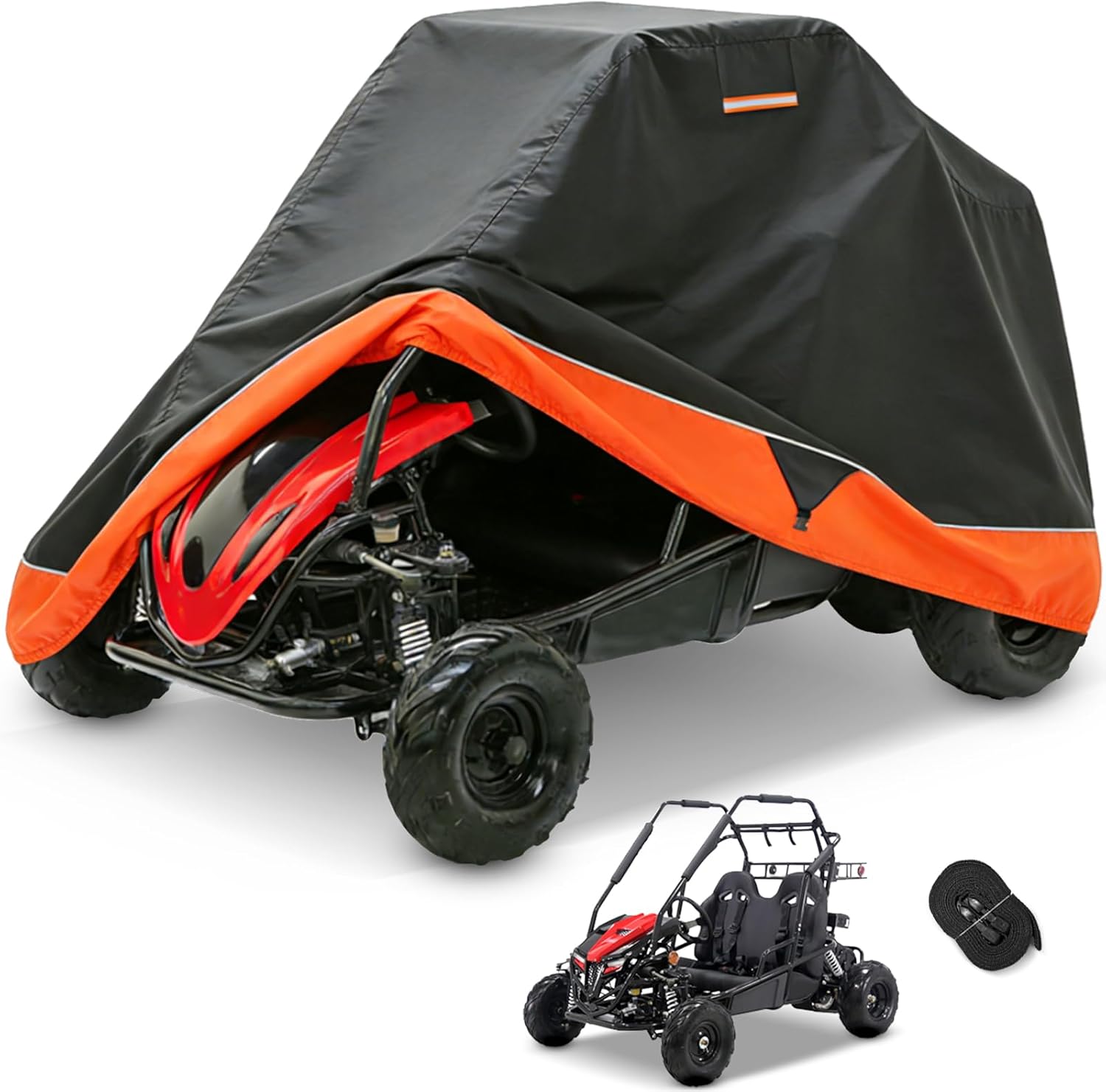 Go-Kart Cover 2 Seater, Waterproof 420D Go-Kart Cover, Go-Kart Accessories with Reflective Air Vent and Windproof Buckle, Black and Orange