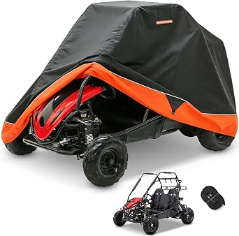 Go-Kart Cover 2 Seater, Waterproof 420D Go-Kart Cover, Go-Kart Accessories with Reflective Air Vent and Buckle, Suitable for Coleman Kandi TrailMaster MotoTec, Black/Orange 67" Lx46 Wx47 H