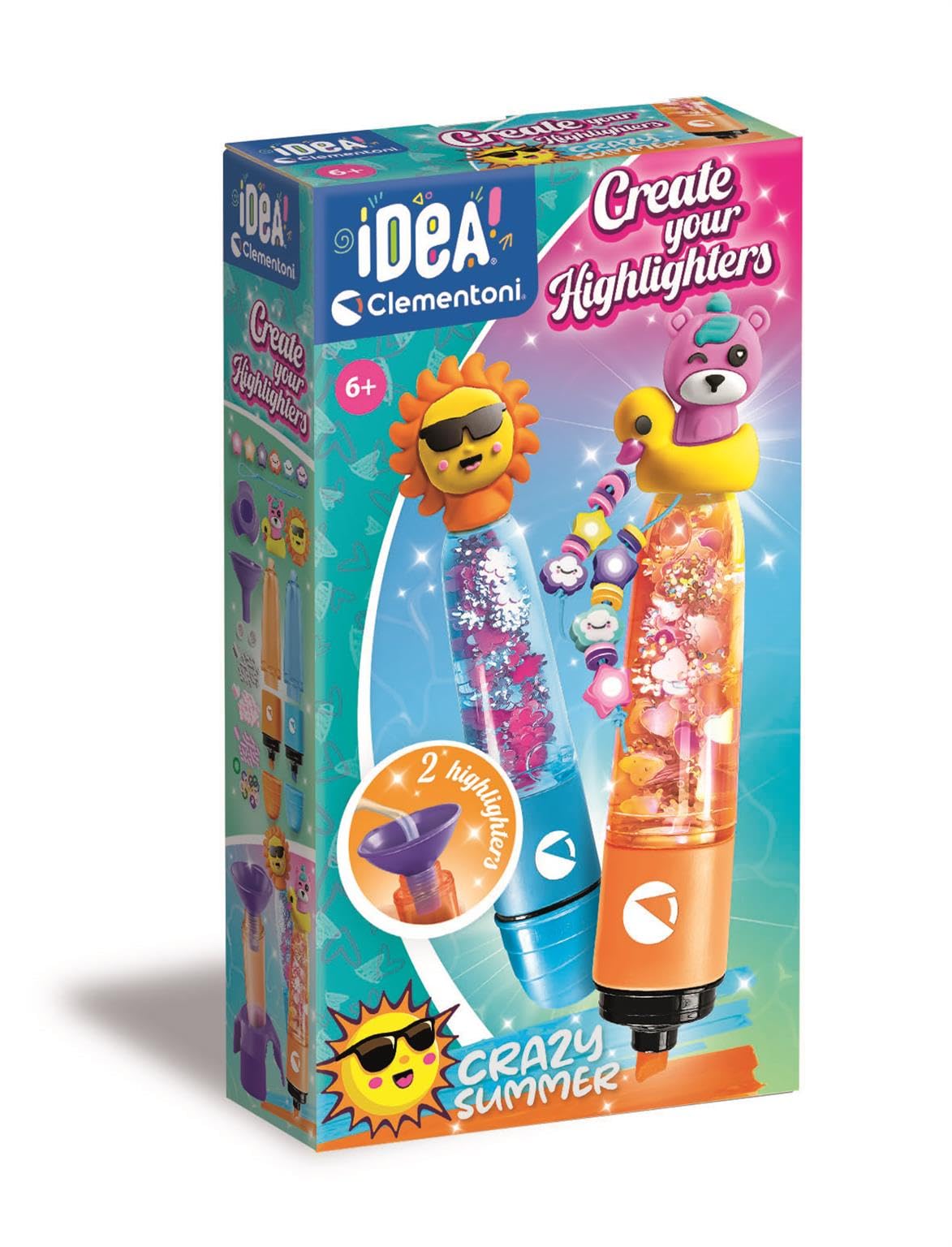 Clementoni Idea  Create Your Highlighters: Crazy Summer, Personalised Highlighter Lab, Creative Kit for Children 6+ Years, with 3 Customisable Highlighters with Accessories, 18130