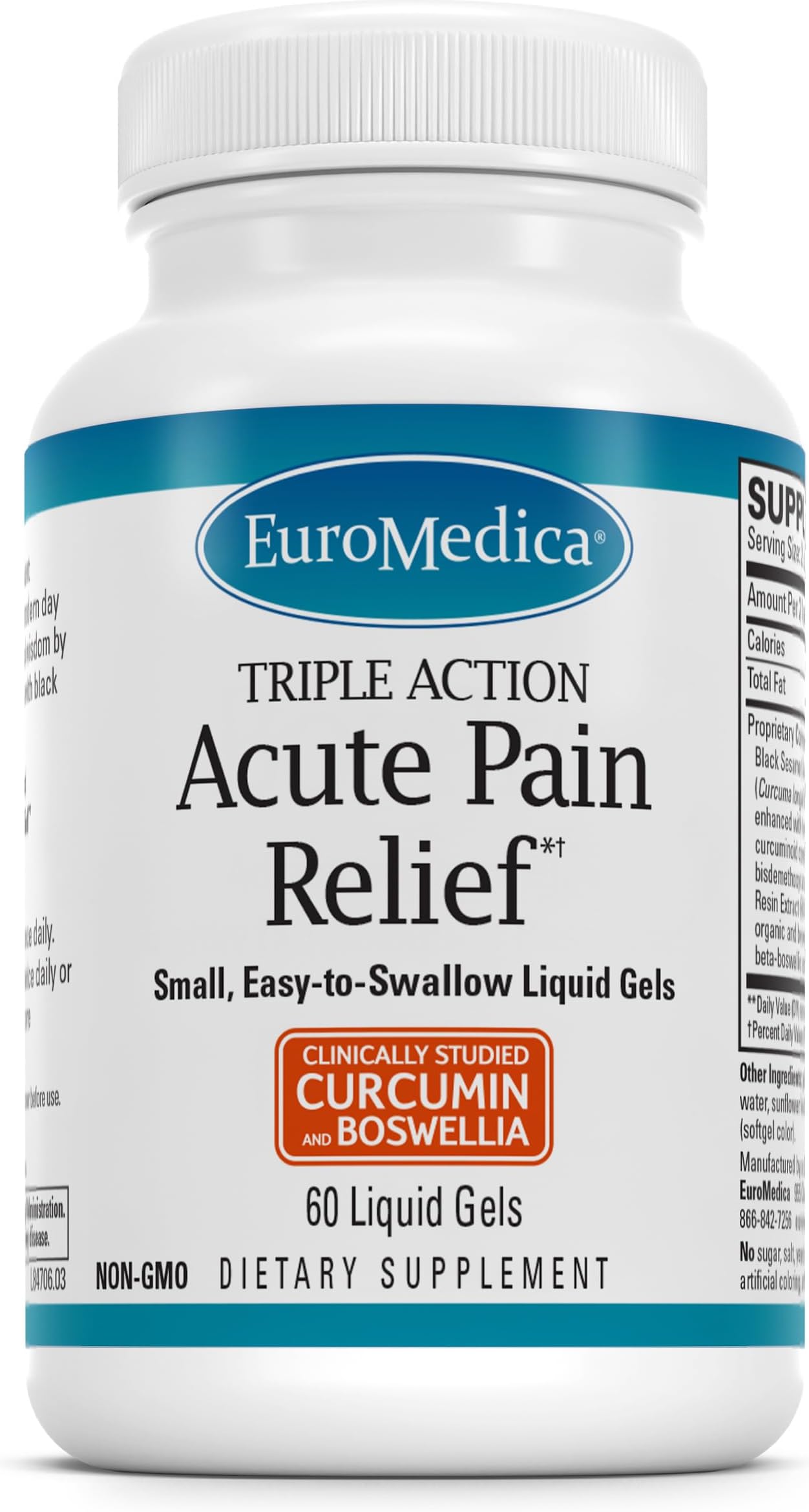EuroMedica Acute Pain Relief - Dietary Supplement with BCM-95 Curcumin & BOS-10 Boswellia - Black Sesame Seed Oil Supplement to Support Relief of Occasional Discomfort - 60 Liquid Gels