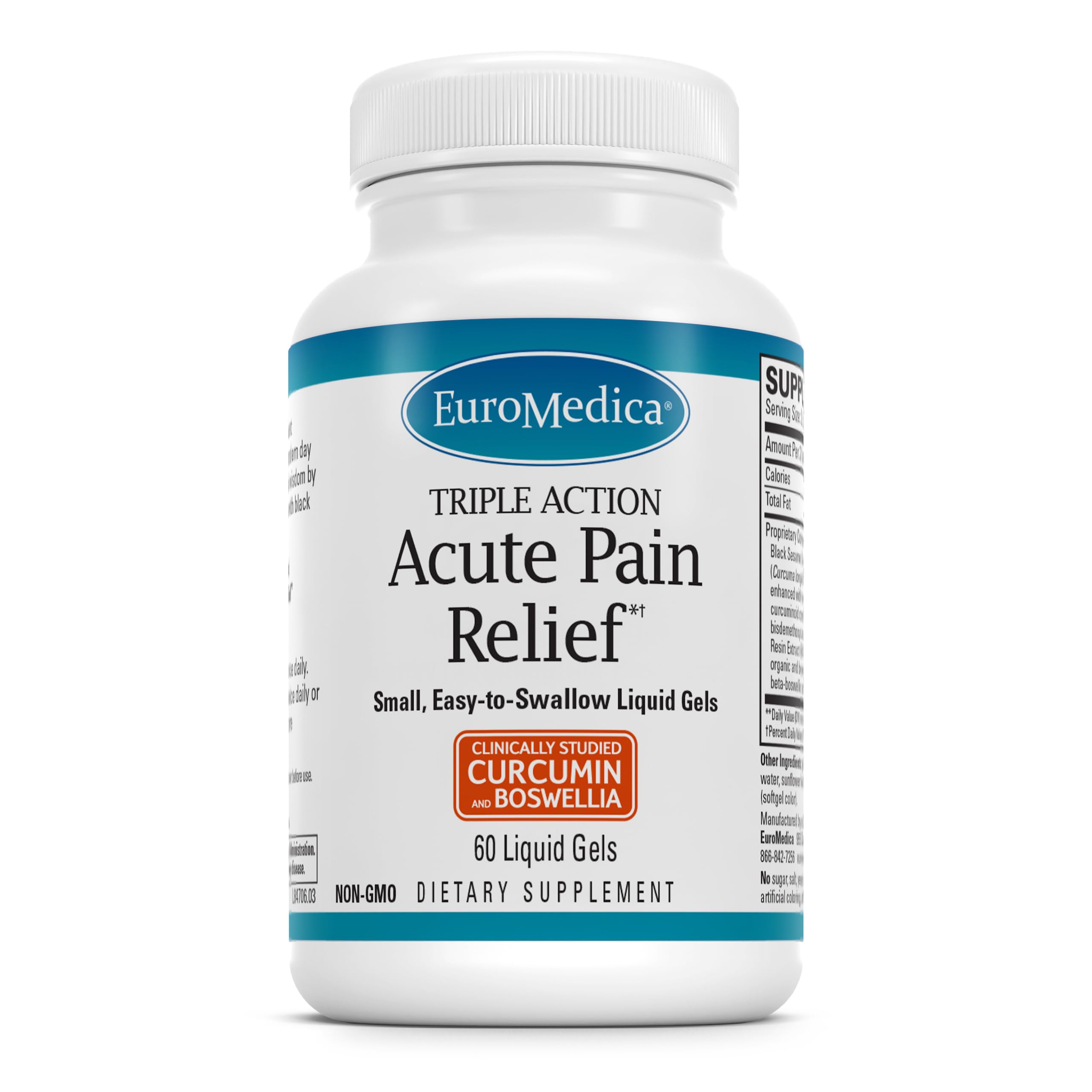 Euromedica Acute Pain Relief - Dietary Supplement with BCM-95 Curcumin & BOS-10 Boswellia - Black Sesame Seed Oil Supplement to Support Relief of Occasional Discomfort - 60 Liquid Gels