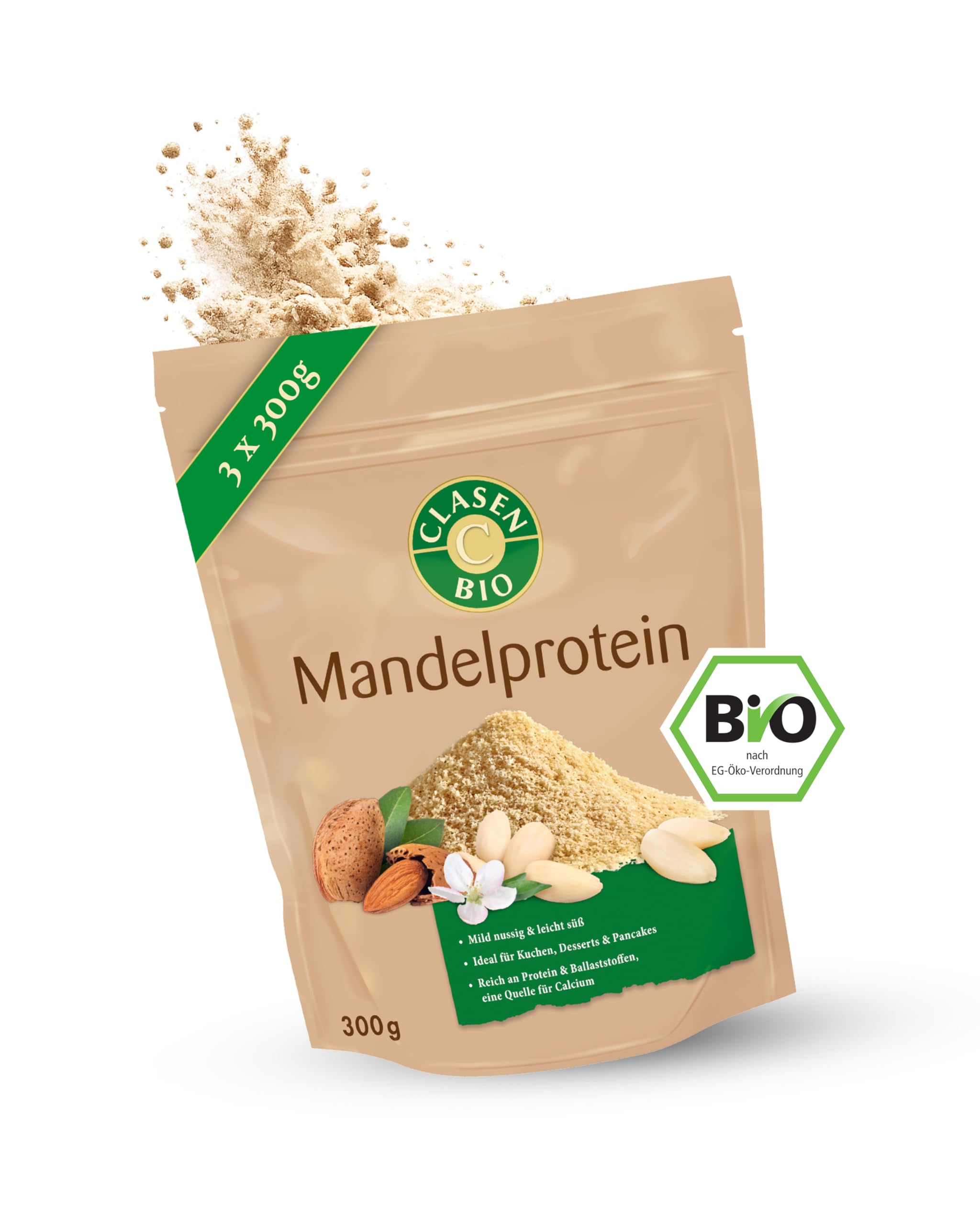 CLASEN BIO Mandelprotein 3x300g Bundle – Mandelmehl teilentölt mild nussig & leicht süß – Low Carb Almond Flour ideal für Kuchen, Desserts & Pancakes – Reich an Protein, Ballaststoffen, Calcium