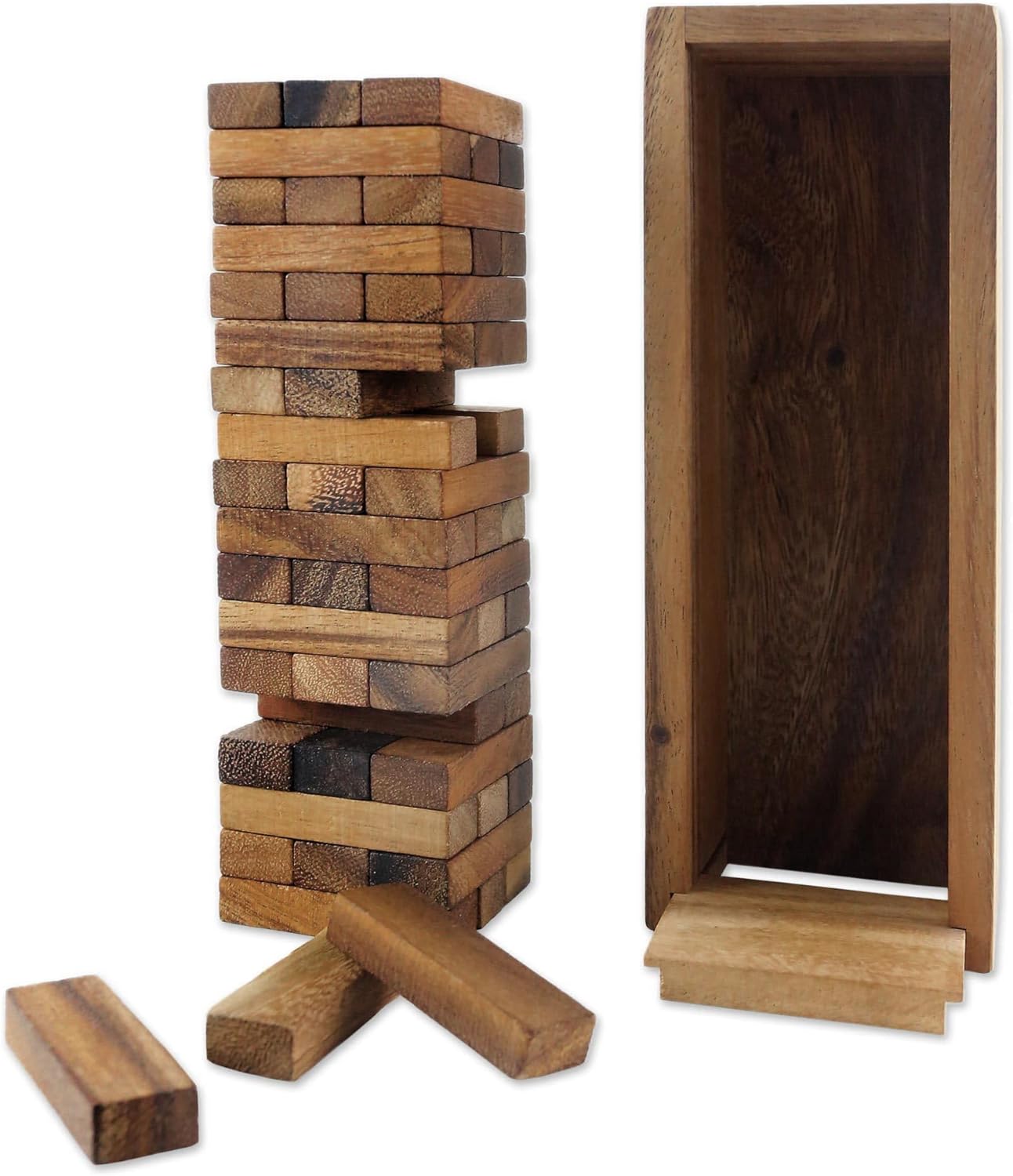 NOVICA Brown Rain Tree Wood Stacking Tower Game With Box, 'Delight'
