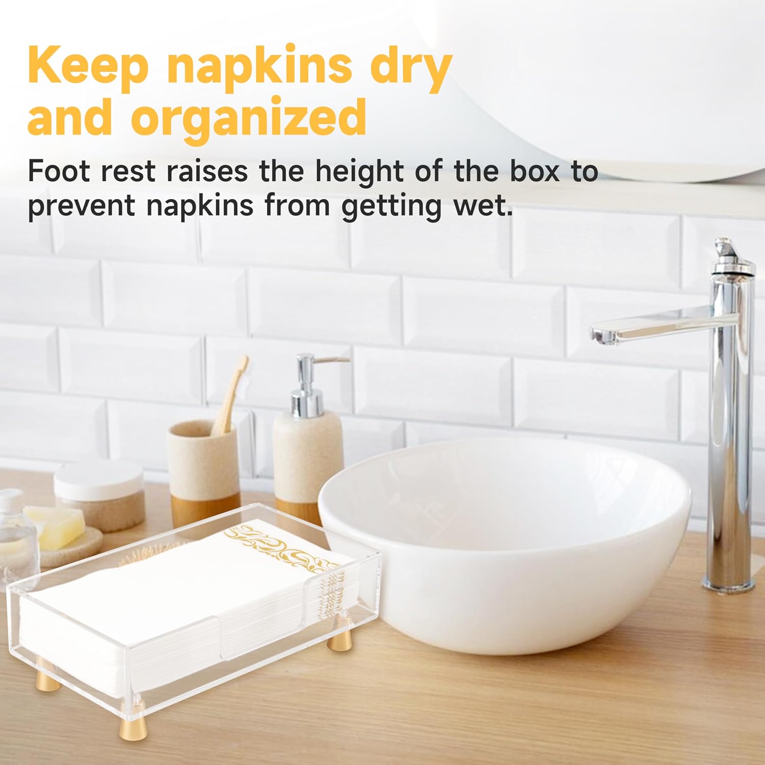 Acrylic Napkin Holder with Feet, LUVCOSY Acrylic Guest Towel Holder, Clear Hand Towel Storage Tray, Unique Gold Feet Design, Paper Towel Dispenser for Bathroom, Kitchen, 9x5 Inches- Rectangular image 3