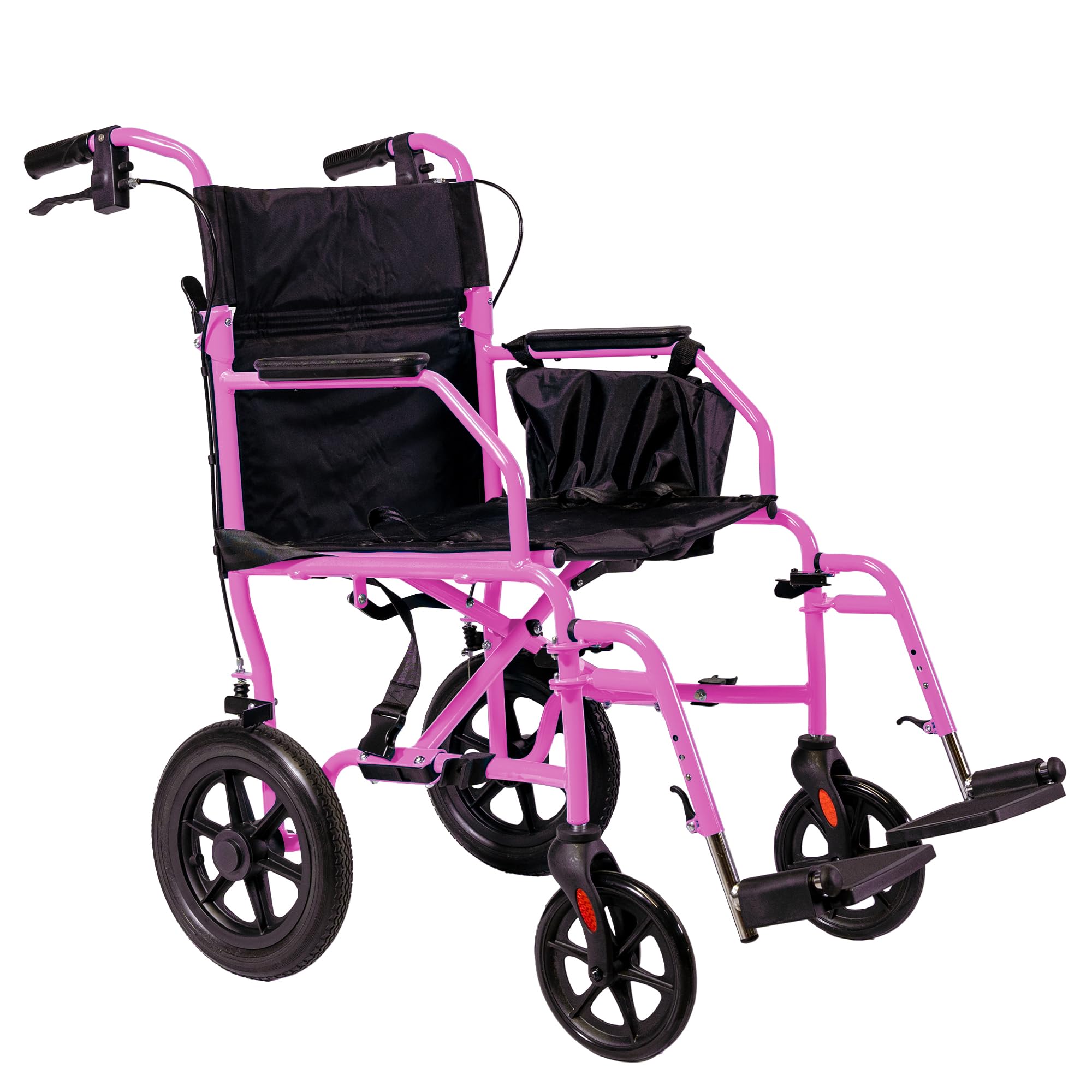 Platinum Health Hummingbird™ Ultra-Lightweight Foldable Transport Wheelchair, Handbrakes,12-Inch Rear Wheels, Extra-Wide Seat. Convenient Table-Length Padded Armrests. (Sunrise Pink)