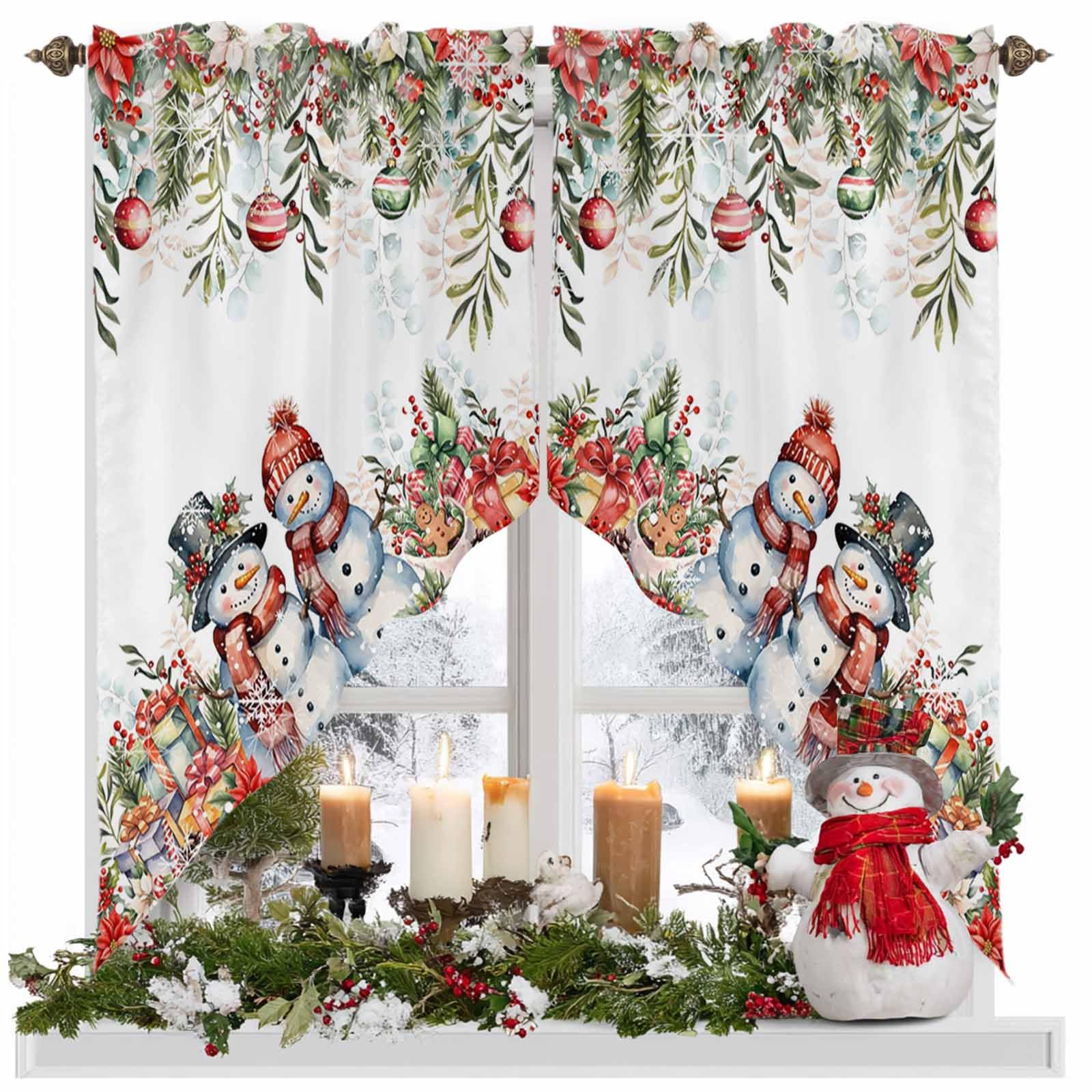 BEMIGO Christmas Red Eucalyptus Leaves Kitchen Swag Curtains, Cute Snowman Valance for Kitchen Bathroom Bedroom, Rod Pocket Window Curtains Over Sink, 36" W x 36" L,Set of 2