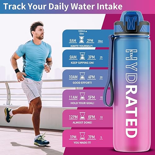 Miniatura 2 de QLUR Botella de agua con pajilla, botellas de agua motivacionales deportivas de 32 onzas, botella de agua Tritan de 1 litro con marcador de tiempo