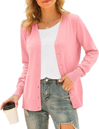 VIISHOW Women Long Sleeve Button Down V Neck Lightweight Basic Knit Sweater Cardigan