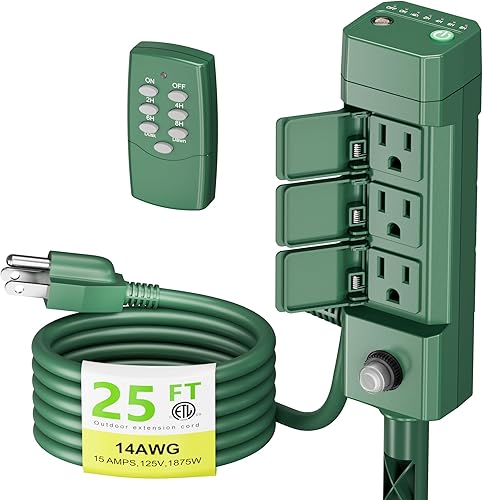 Miniatura 11 de BN-LINK Cable de extensión para exteriores de 25 pies impermeable con estaca de alimentación, regleta de 6 tomas resistente a la intemperie, cable