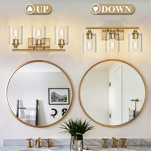 Miniatura 6 de Lámparas de baño doradas, 3 luces, moderna lámpara de pared dorada de latón cepillado, lámpara de pared de baño para espejo, dormitorio, sala de