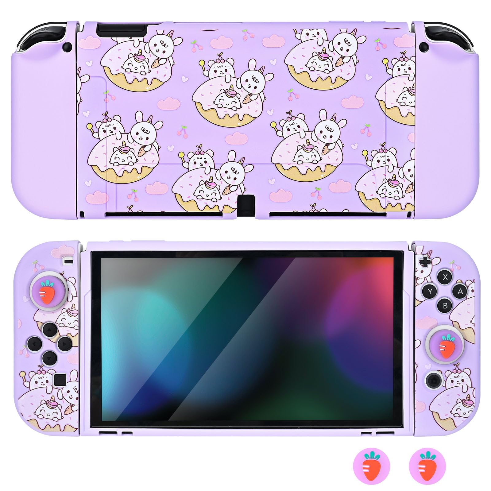 DLseego Custodia protettiva per Switch OLED, adorabile Cover Switch OLED in morbido silicone agganciabile con 2 Joycon cover e 2 Copri levette analogiche luminose,Viola