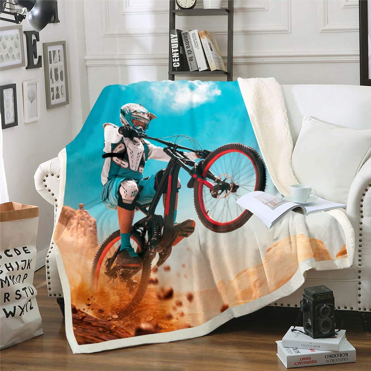 Feelyou 3D Dirt Bike Throw Blanket Boys Teens Motorcycle Rider Print Fleece Blankets Youth Racing Extreme Sport Blanket Scooter Sherpa Blanket for Couch Bed Sofa Fuzzy Blanket Baby 30