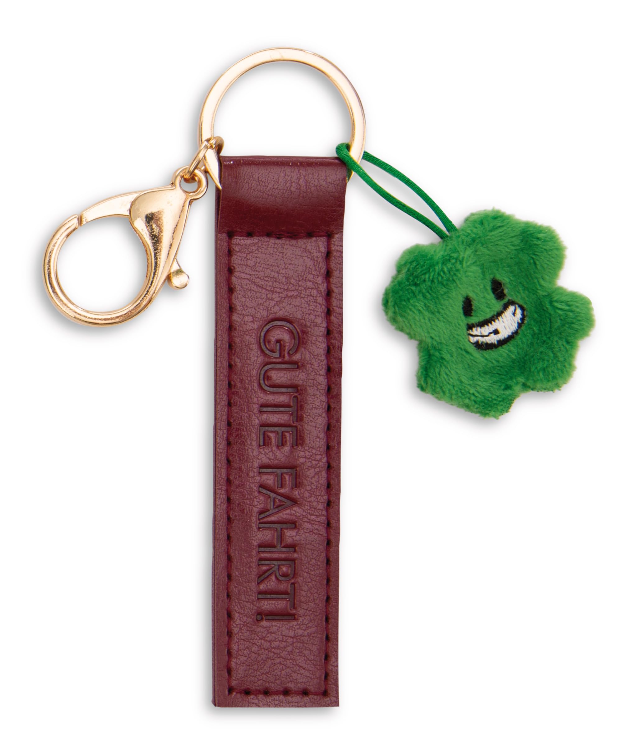 NICI Key Ring Gute Fahrt! Faux Leather Cord Red 10 cm with Clover Leaf