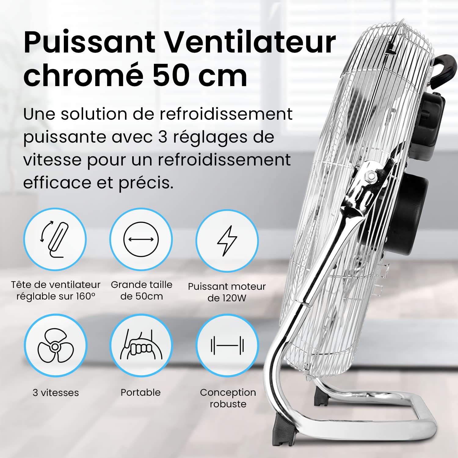 Pro Breeze Brasseur d'Air 50 cm – 120W, 3 Vitesses, Tête Inclinable, Pales Inox, Ventilateur de Puissant pour Chambre, Salon, Bureau & Maison, Design Chromé Métallique
