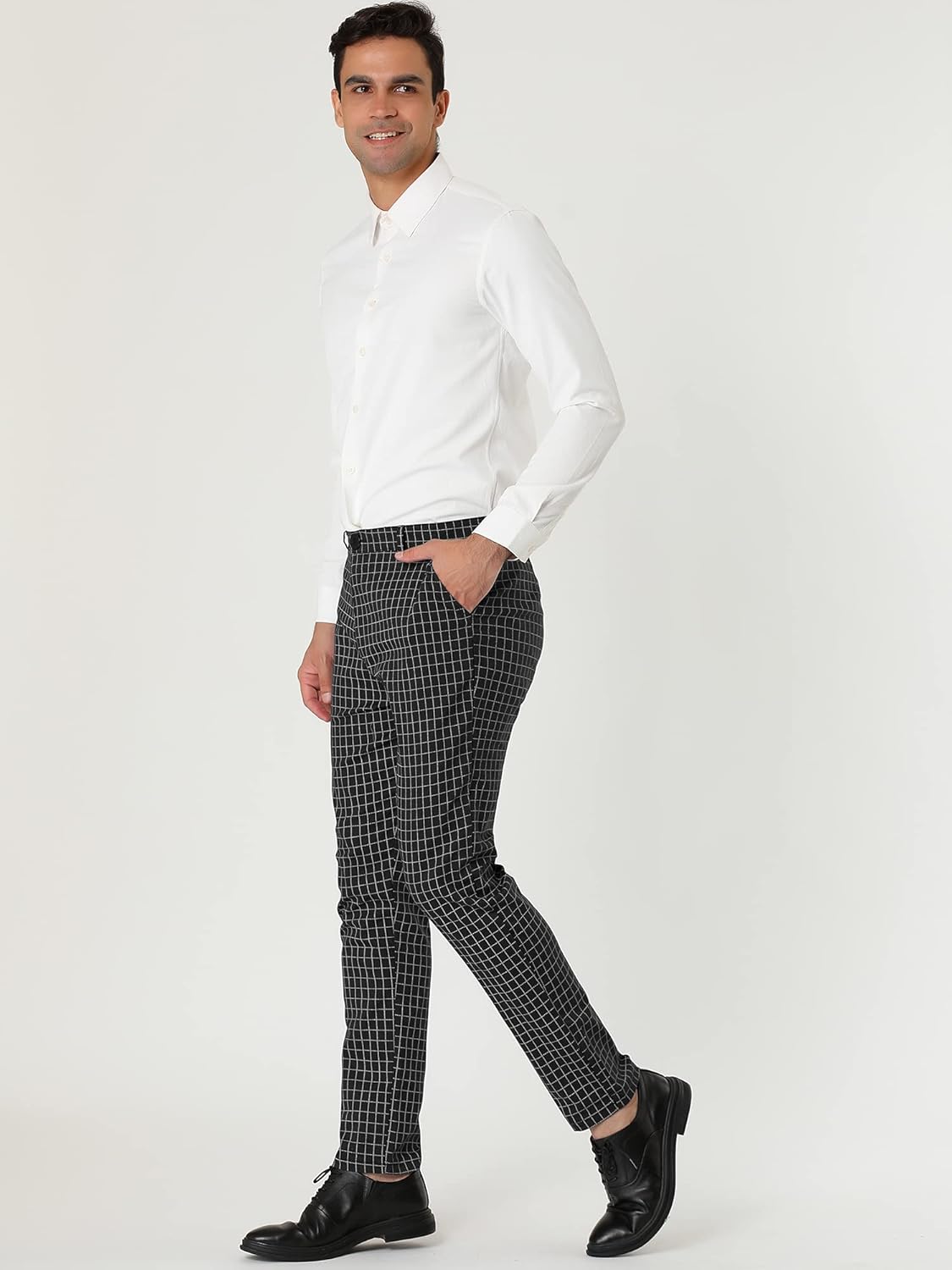 Lars Amadeus Men's Business Pants Checked Printed Slim Fit Flat Front Plaid Dress Trousers - Image 4