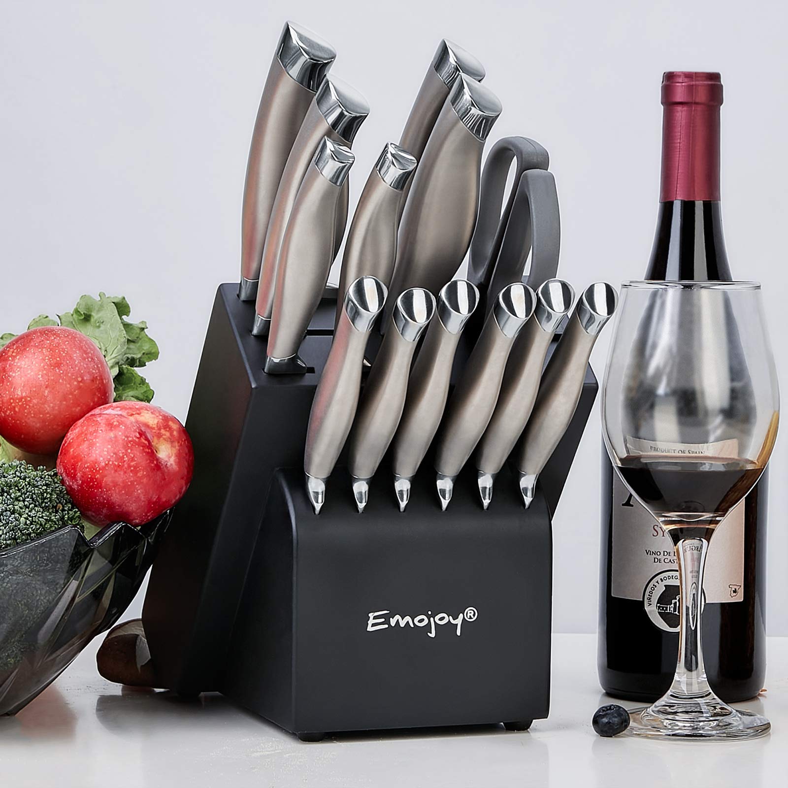Emojoy Knife Set with Block, 15 Pieces Kitchen Knife Set with Builtin