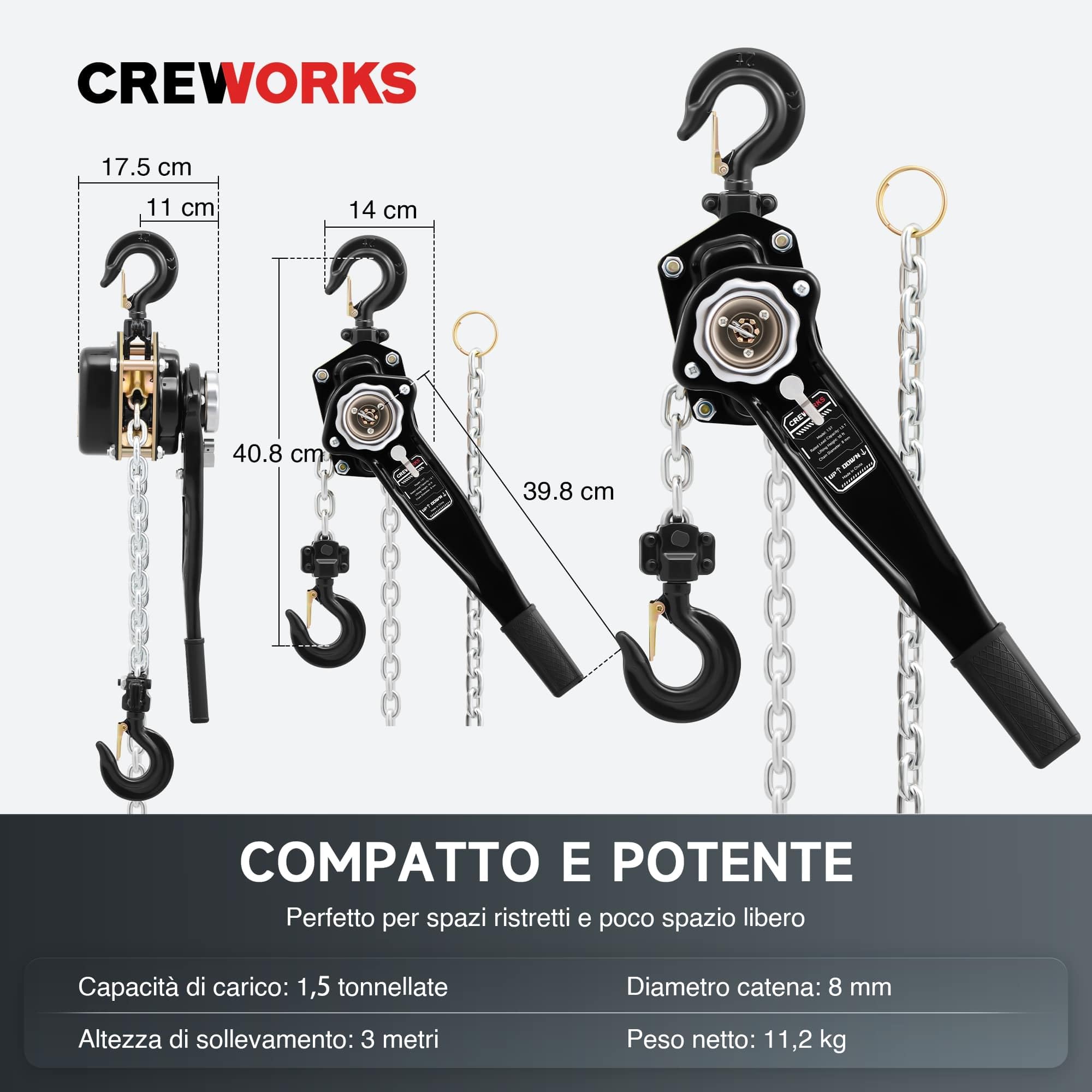 CREWORKS Paranco a Catena Manuale Altezza di Sollevamento 3 Metri Capacità Carico Max 1,5 Tonnellate con Catena Zincata G80 e Ganci Girevoli a 360° per Magazzini Edili Fabbriche