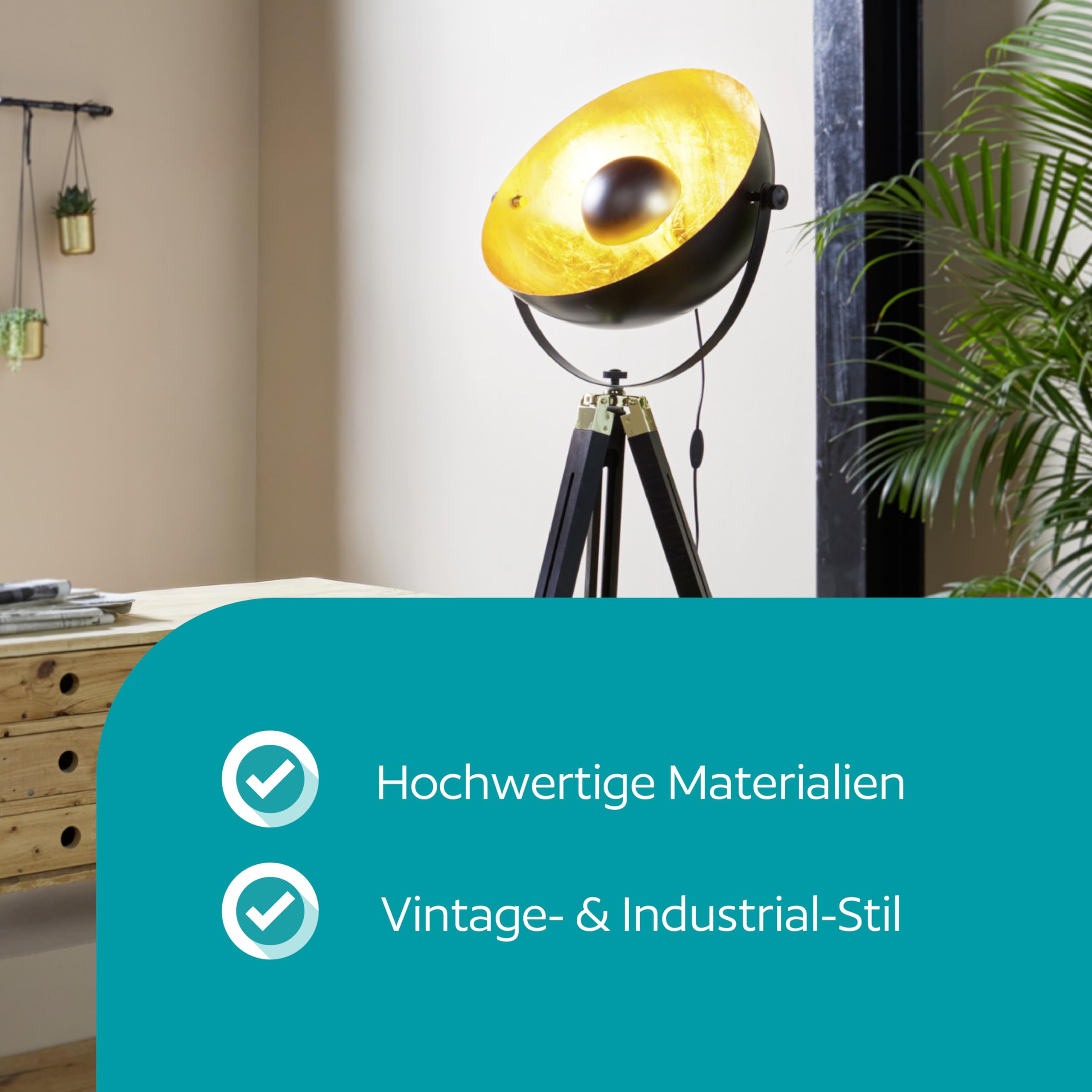 EGLO Stehlampe Covaleda, Stehleuchte Industrial | Vintage Standleuchte aus Holz und Stahl, Wohnzimmerlampe in Schwarz, Gold und Messing, Lampe mit Schalter, E27 Fassung