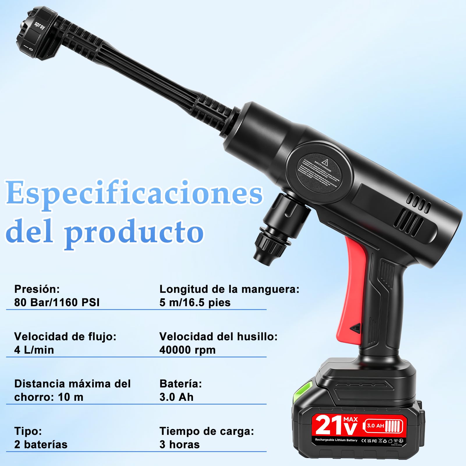 Limpiador de alta presión inalámbrico de 21 V 80 bar con 2 baterías de 3000 mAh, 6 en 1, con manguera de 5 m, limpiador de chorro para suelo, coche, jardín