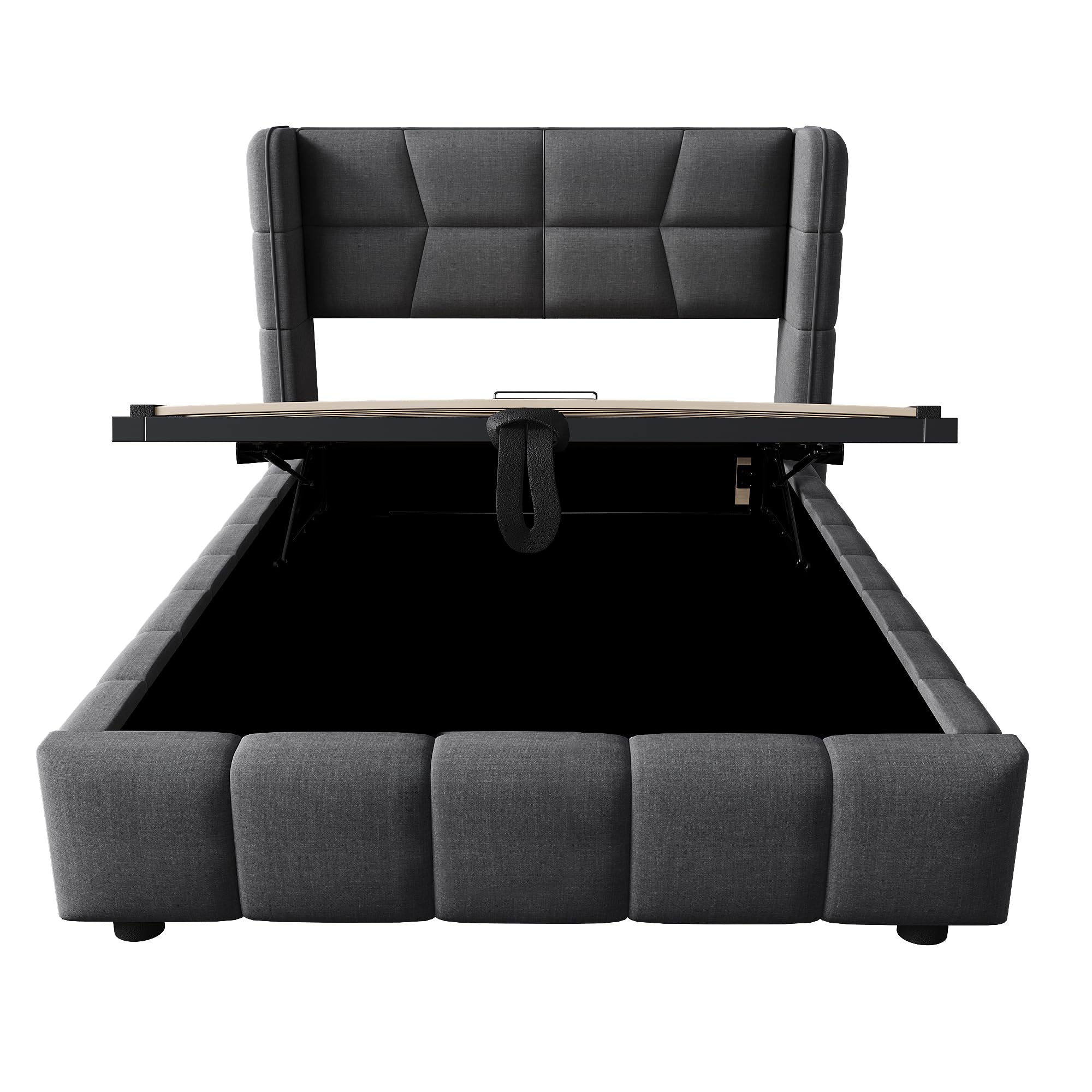 Letto Contenitore 90x200 con Sistema di Sollevamento Pneumatico Single Bed Rivestimento in Lino Su Telaio Metallico Rinforzato con Testiera Imbottita Letto Imbottito Abitazione
