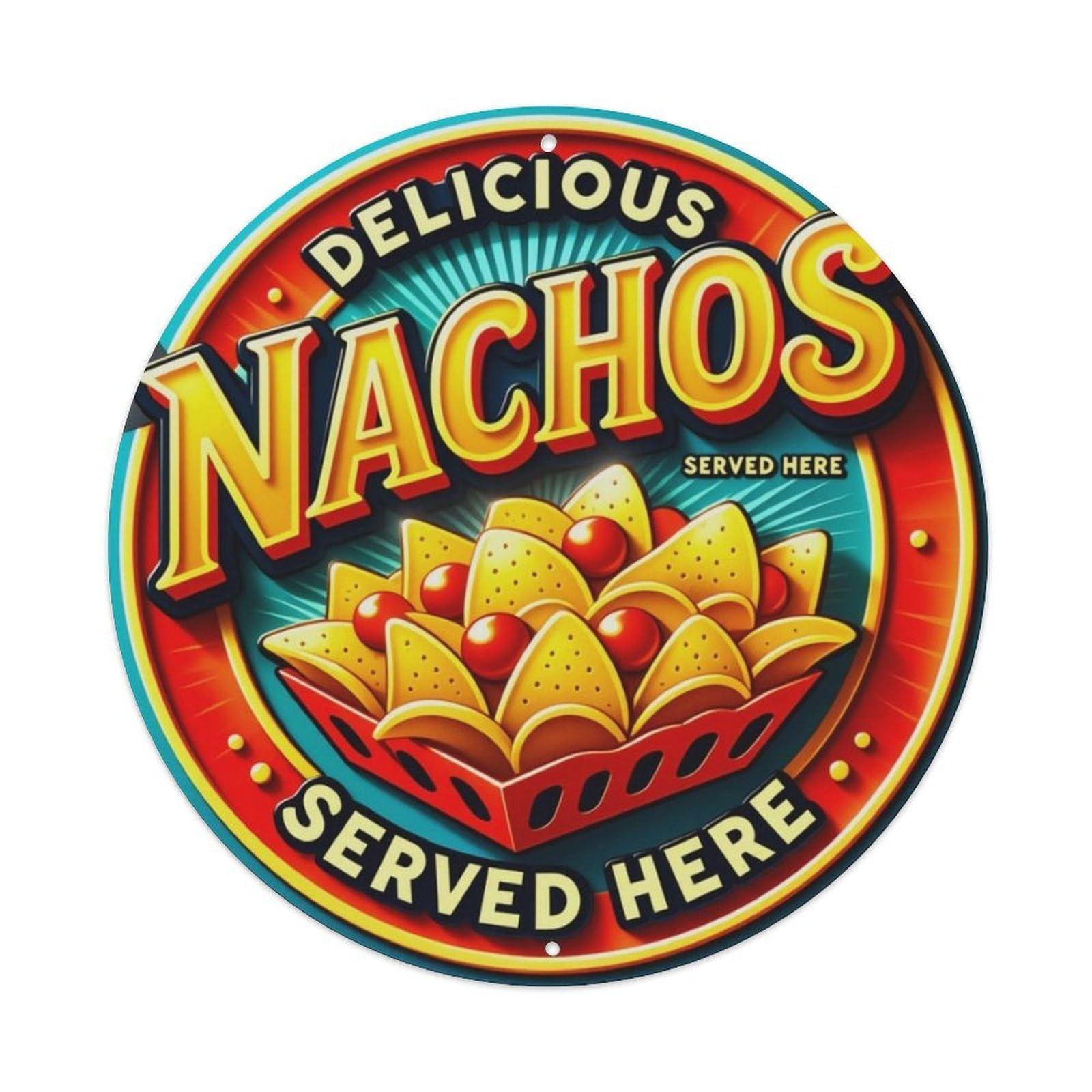 Delicious Nachos Restaurant Round Decor Sign Vintage Aluminium Metal Sign, Retro Wall Decor for Home, Bar, Garage & Farmhouse 20x20cm
