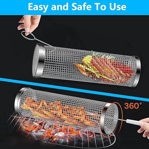 Miniatura 5 de Cestas de parrilla con ruedas para asar al aire libre  Accesorios redondos para parrilla, parrilla grande para verduras, jaula cilíndrica de acero