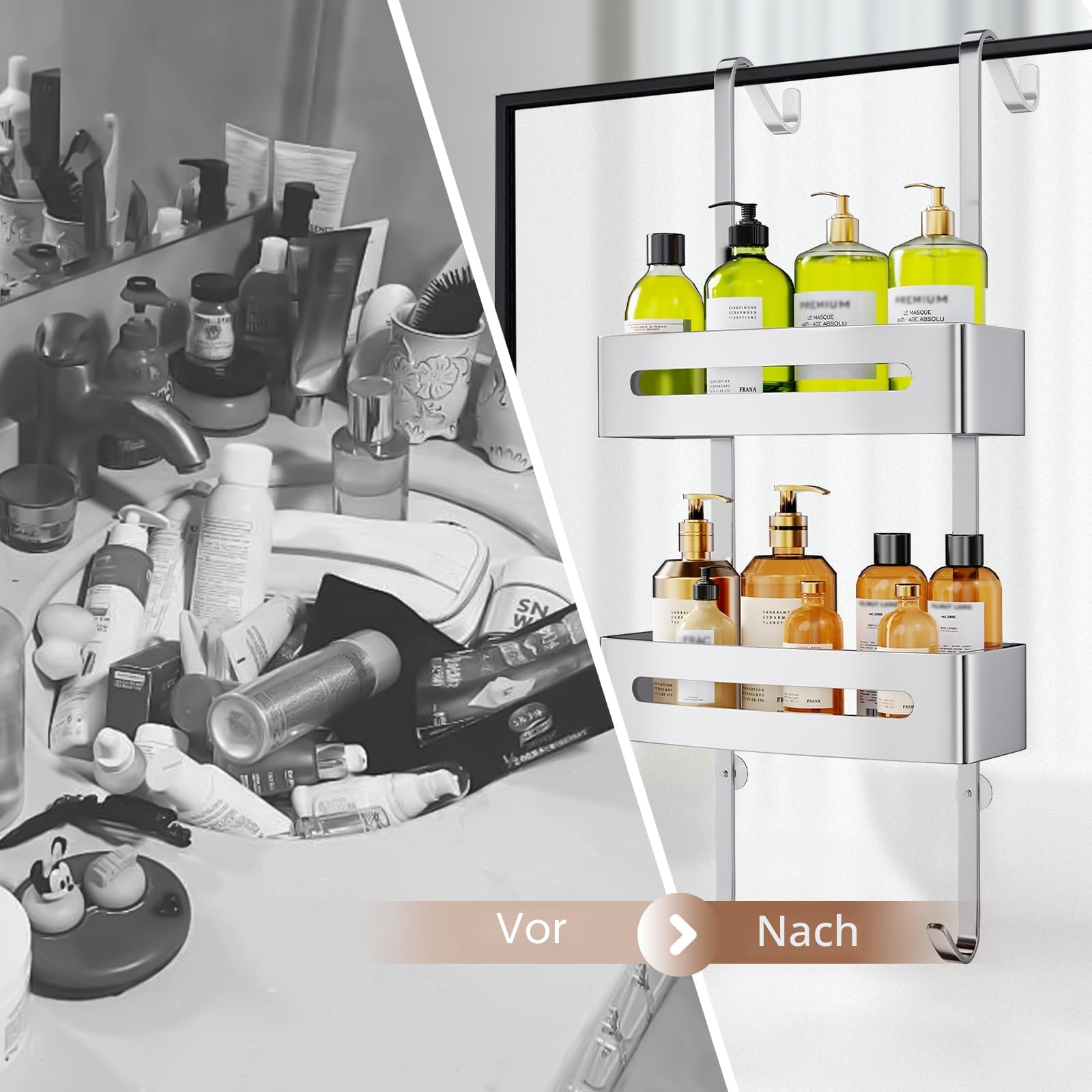 Ajex Duschablage zum Hängen, Duschregal ohne Bohren Edelstahl Badezimmer Organizer Shampoo Halterung Duschkorb Halterung Shower Shelf Mit 4 Haken und Zwei Körbe Für Rahmenlos Glastür