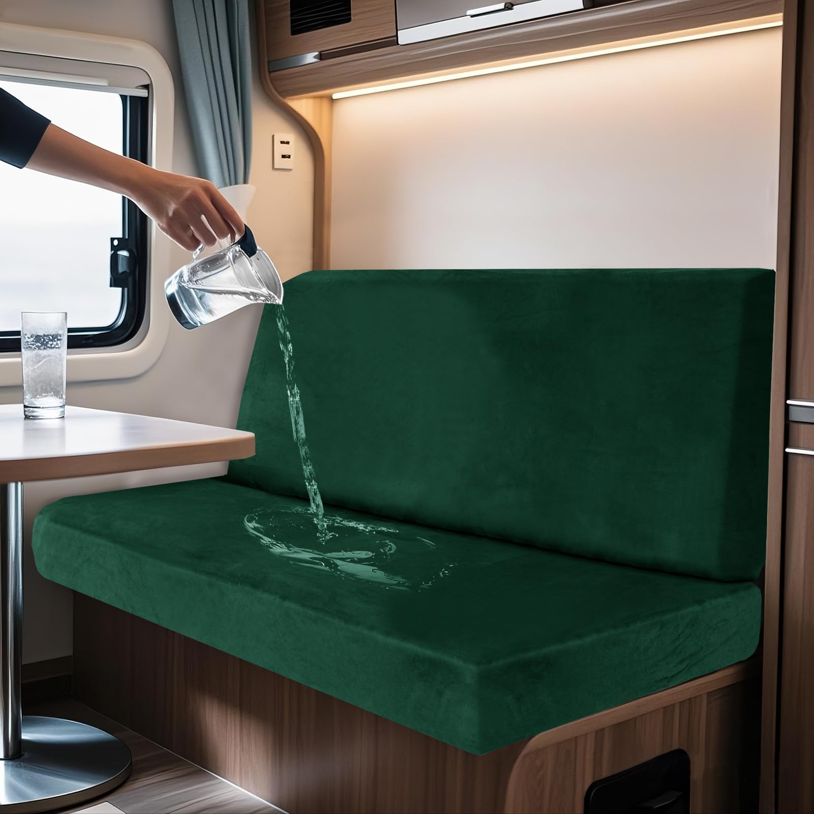 SYLC 2 Piece Waterproof Caravan Seat Covers and Backrest Cover, Non-slip Motorhome Dinette Cushion Covers with Ties, Stretch Campervan Seat Covers Velvet (Green,Rectangular M) โ image 1