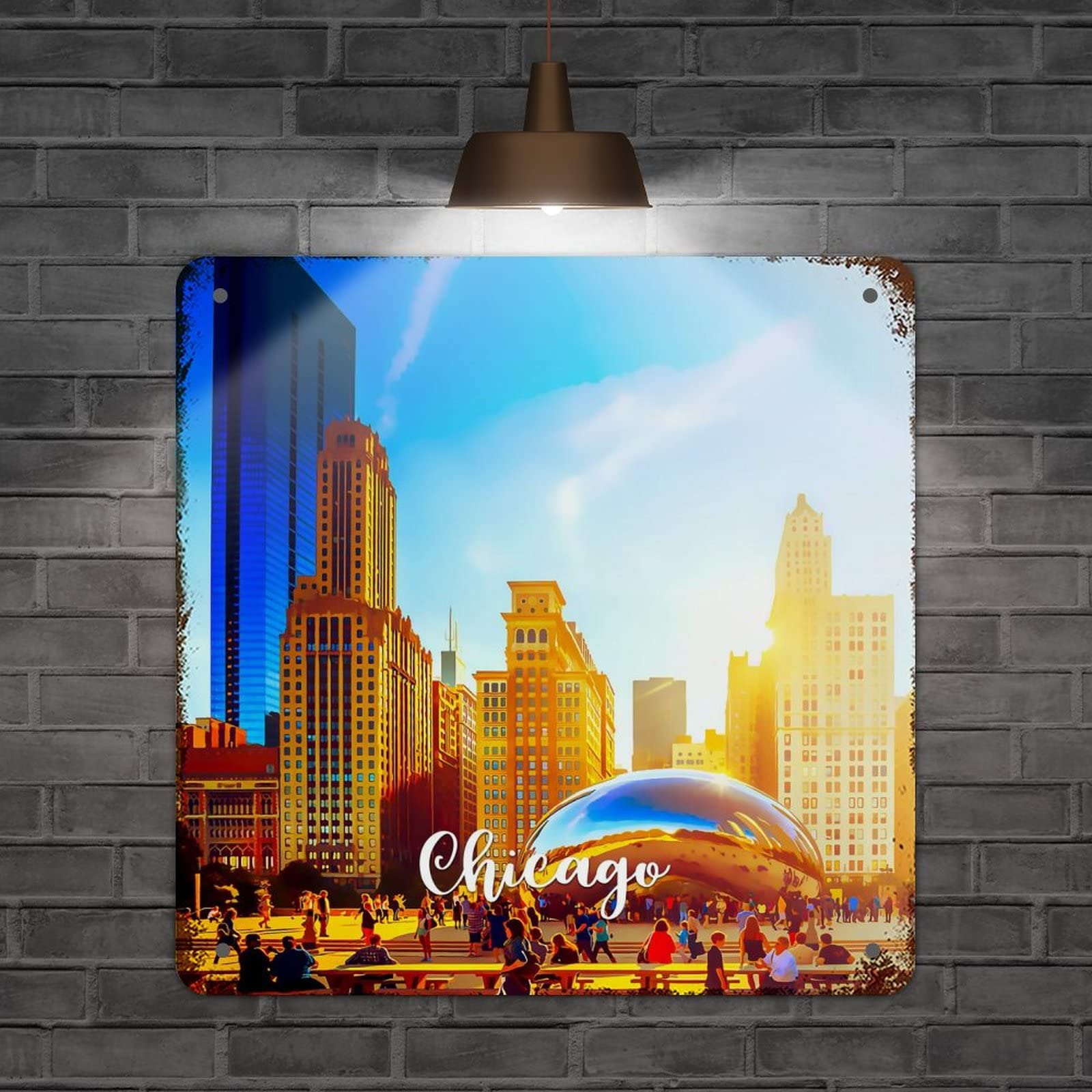 Plaque en métal rustique au style vintage USA avec paysage urbain de Chicago