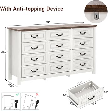 chartustriable Farmhouse 12 Drawer Dresser for Bedroom, 63 Wood Chest of Drawers with Rustic Handles, Wide Closet Dressers Organizer, Living Room, Hallway, Bedroom Furniture, Antique White