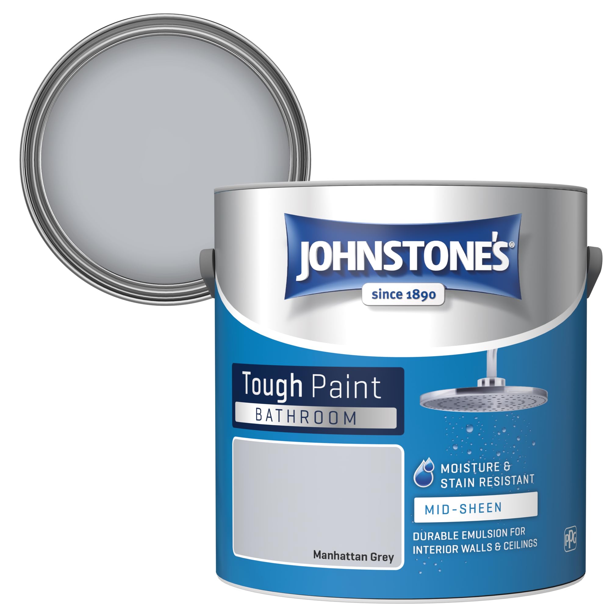 Johnstone's Bathroom Mid Sheen Wall Ceiling Emulsion Paint 2.5L Manhattan Grey