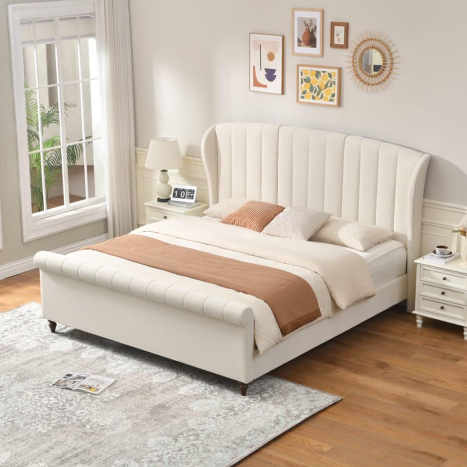 king size platform bed frame with 54" tall headboard, velvet upholstered sleigh bed with scroll wingback headboard & footboard, wooden slats, noise free, no box spring needed, easy assembly, cream (incomplete) 