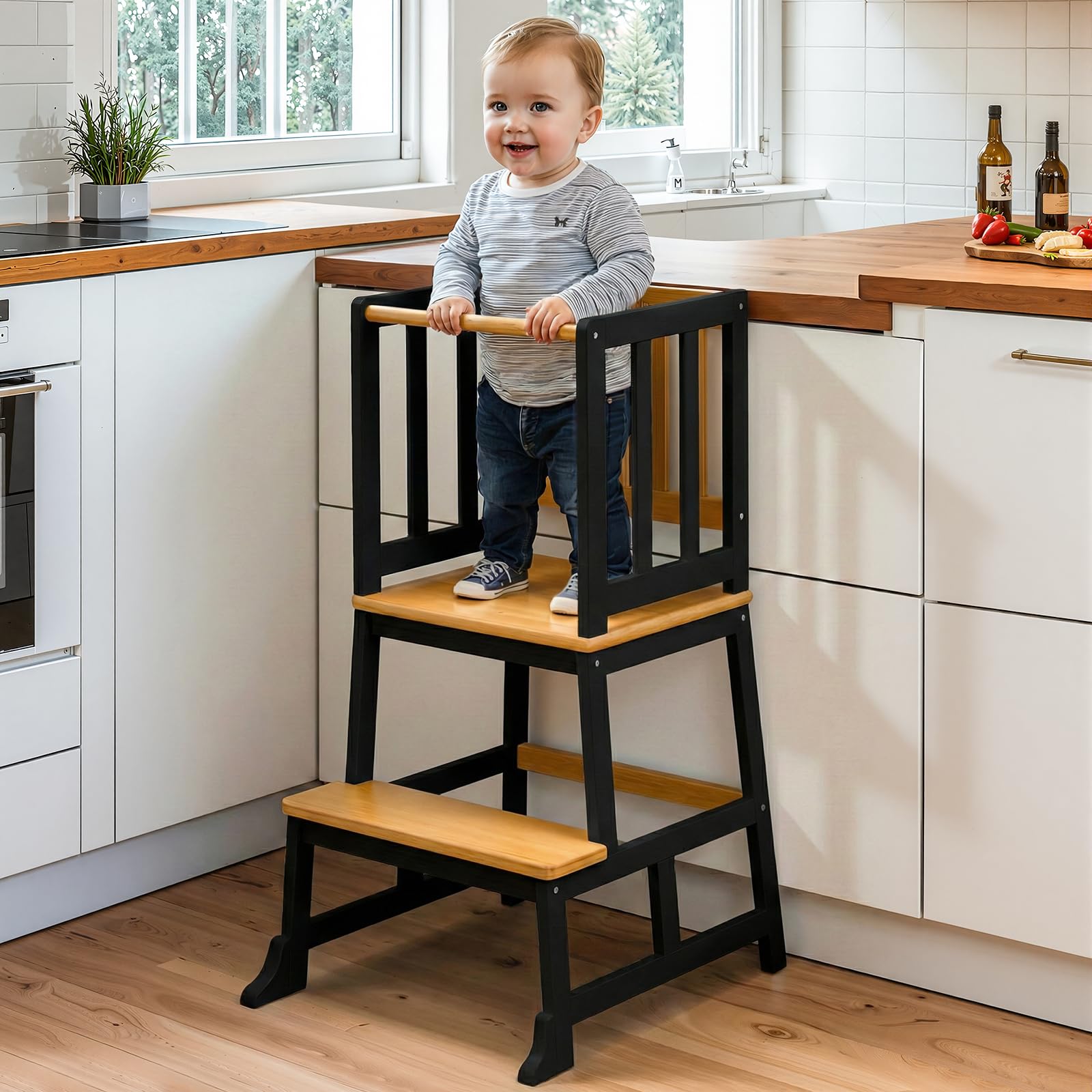 COSYLAND Toddler Kitchen Stool Helper – Stable A-Frame Design Kids Kitchen Step Stool with Protective Crossbar – Wooden Toddler Standing Tower for Learning in Bathroom (Black & Natural)
