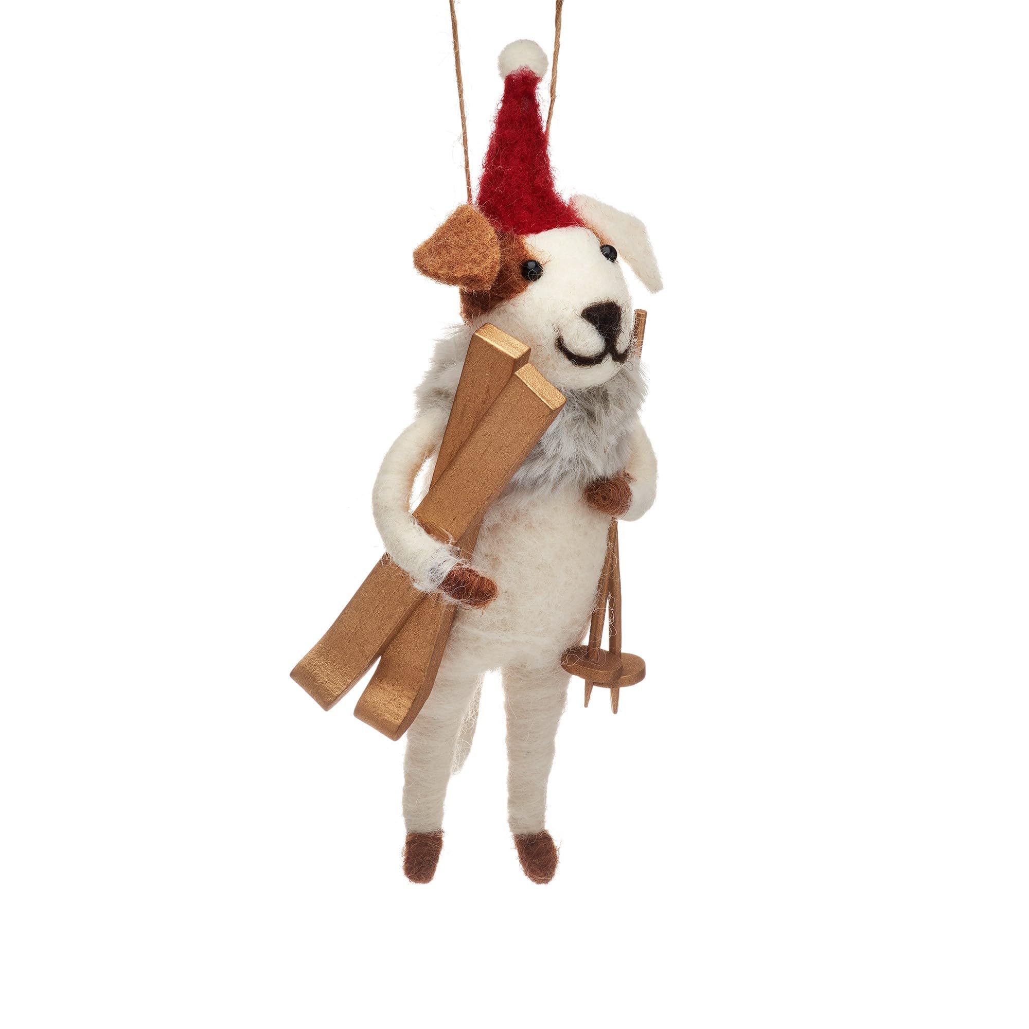 Sass & Belle Felt Dog with Skis Christmas Tree Decoration with Rustic Twine