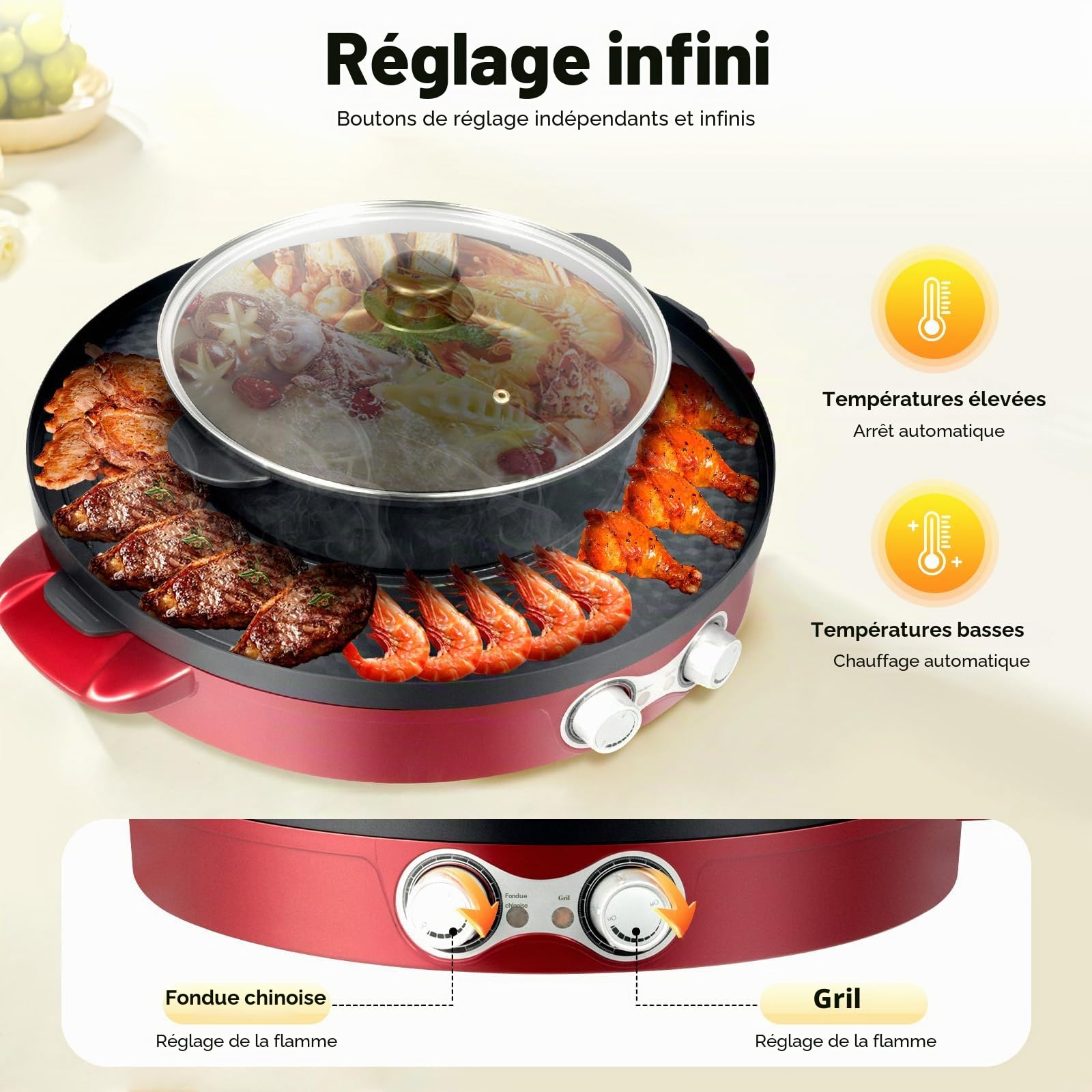 Hot Pot Poêle électrique 2200 W avec grille et séparateur multifonction 2 côtés antiadhésif et grille de table 2 en 1 pour 2 à 8 personnes Rouge 52 x 18,5 cm