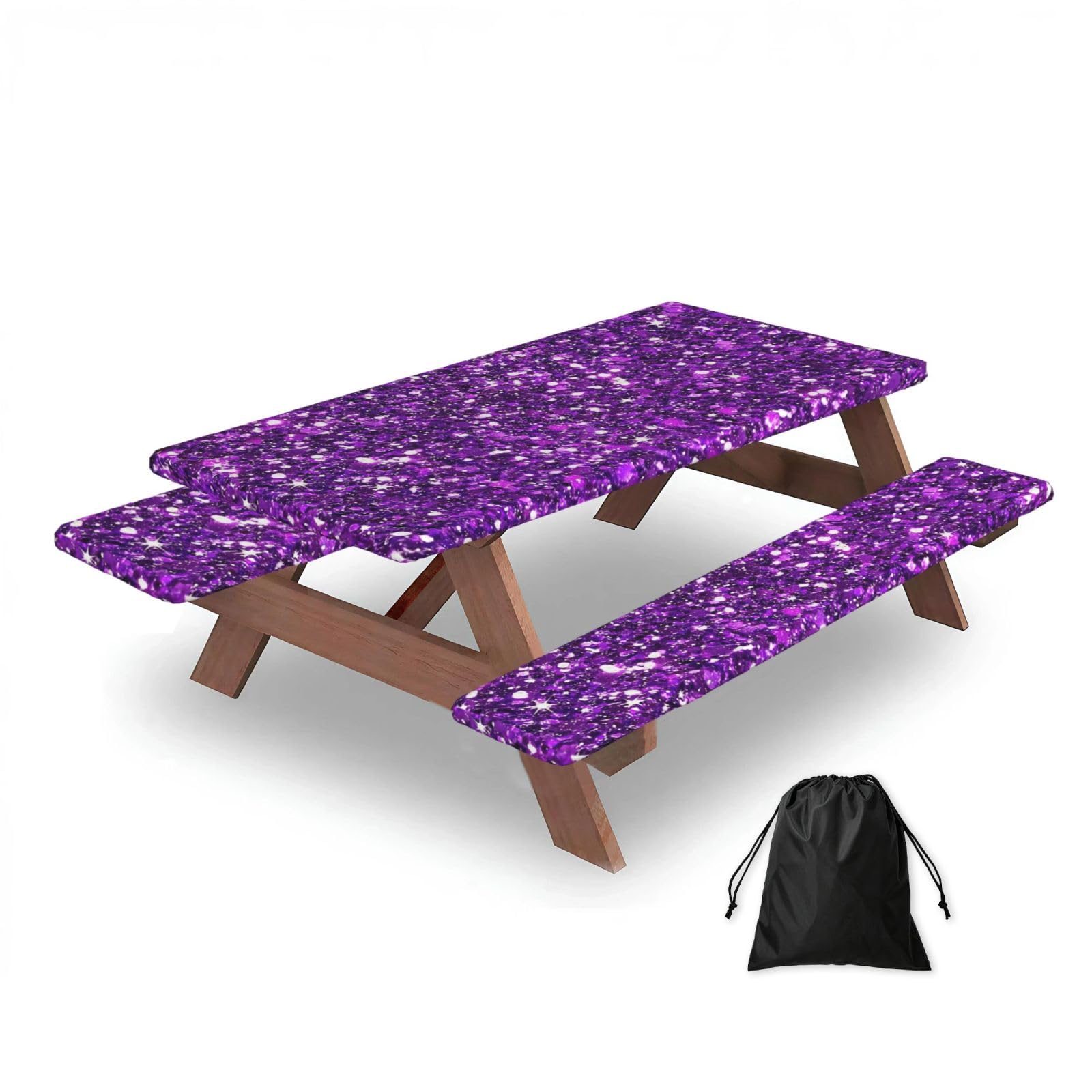 Glitter Sparkles Shimmer Printing, Picnic Table Cover With Bench Covers -Waterproof Elastic Fitted Tablecloth for Garden Camping Patio 76x152cm