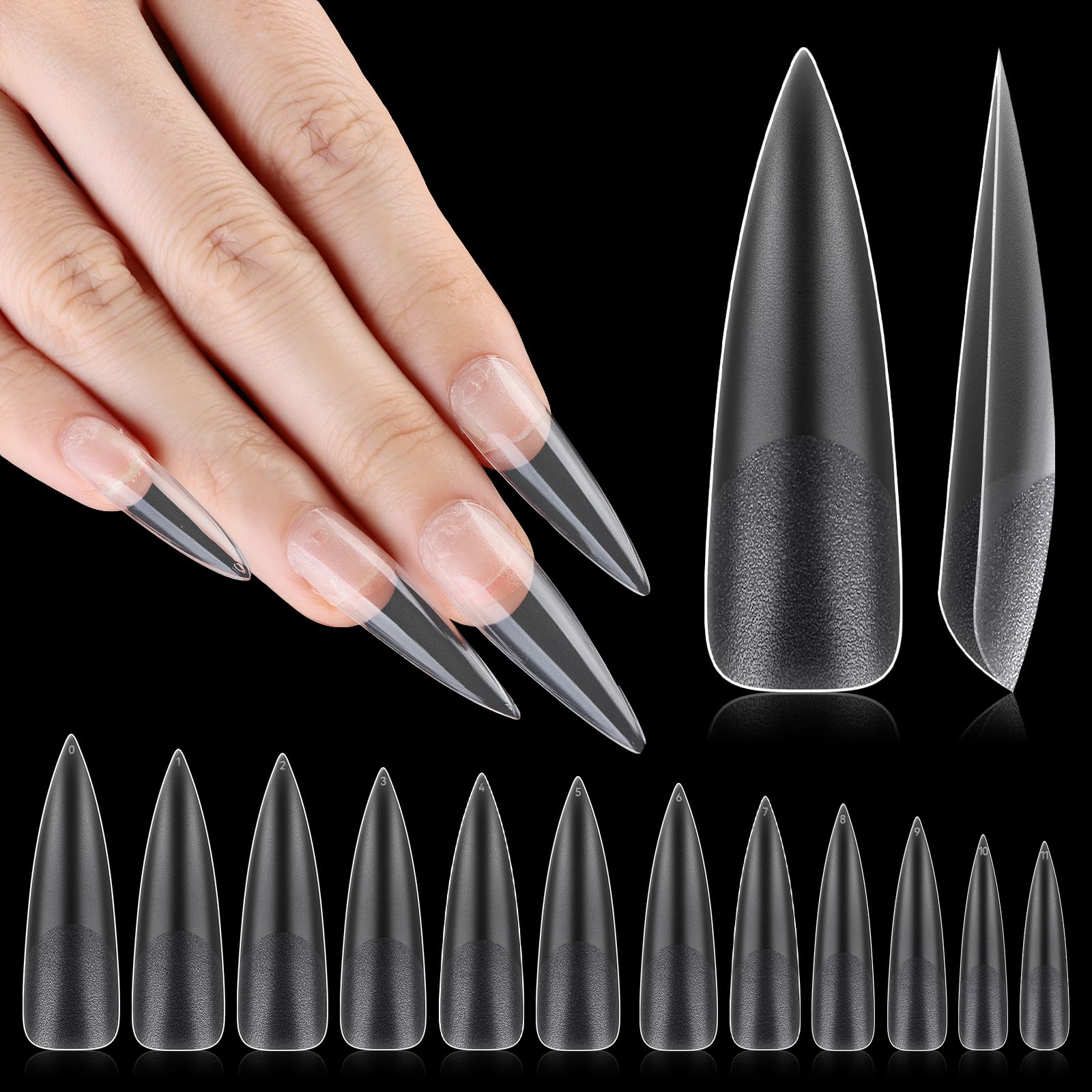INENK No C Curve XXL Stiletto Nail Tips, Full Matte Clear Full Cover, Stiletto Flat Tips for Acrylic Nails Art Design, Salons, Home DIY Nail Extension