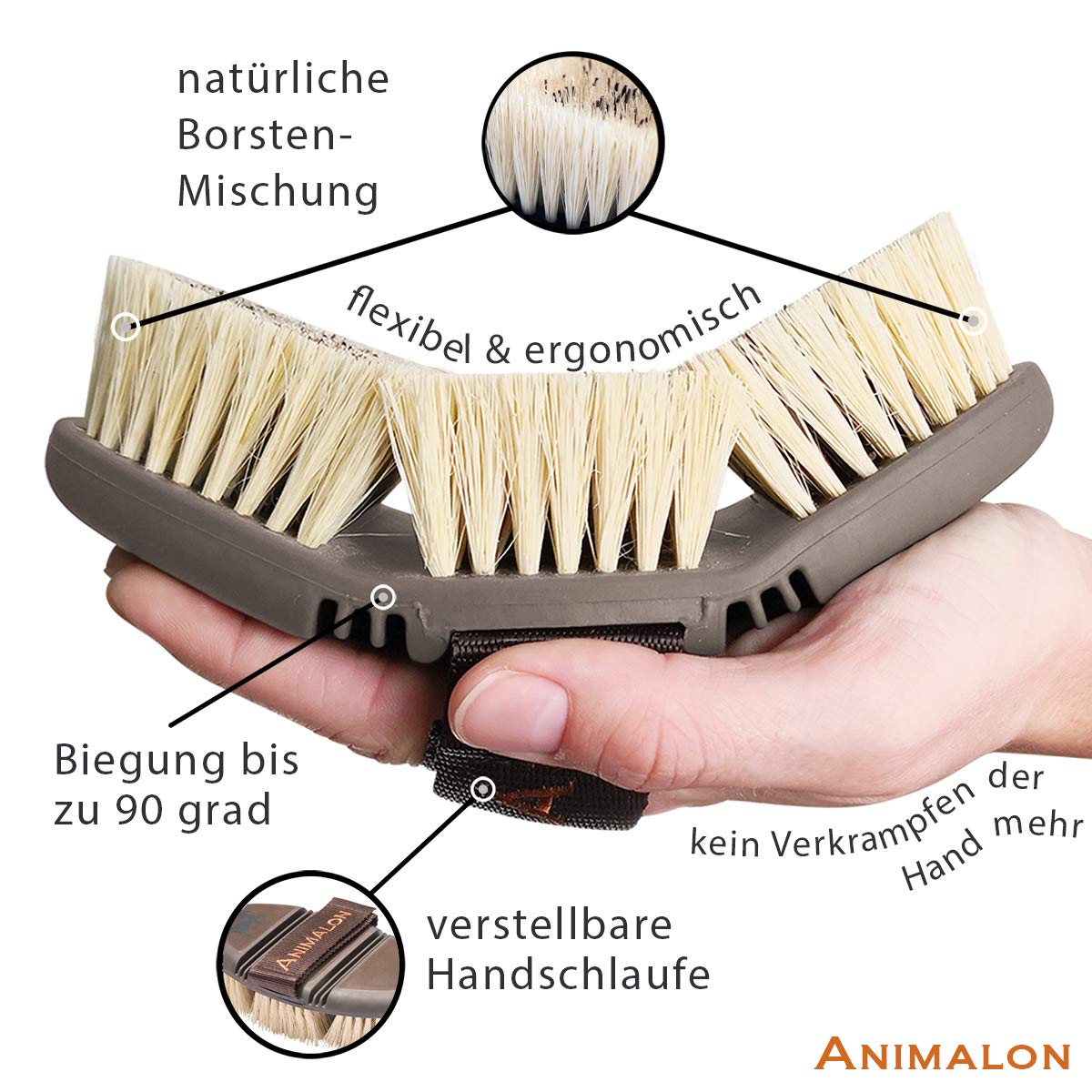 Animalon CareFlex Wurzelbürste – Naturhaar-Pferde-Bürste – Wurzelkardätsche mit harten Naturborsten – flexibel, ergonomisch & hochwertig – Kardätsche mit Klettverschluss