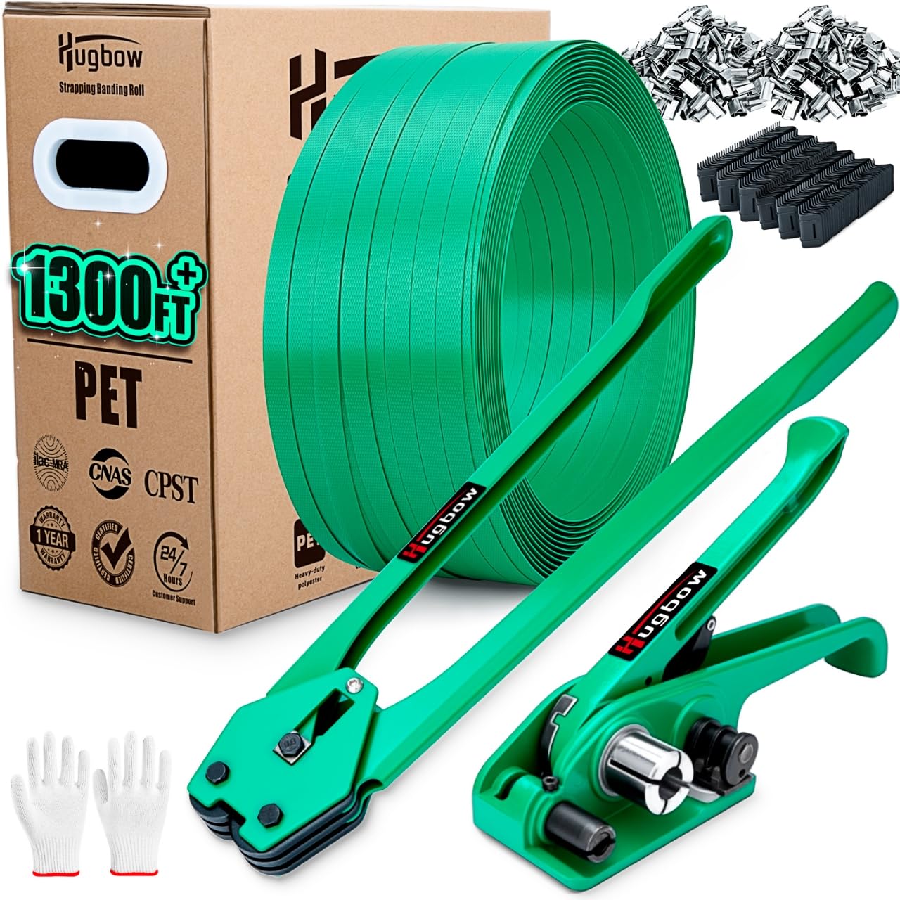 Banding Strapping Kit, Heavy Duty Pallet Packaging Kit with >1500lbs 5/8" x 1300' PET Strapping Roll, 300 Metal Seals, 100 Corner Protectors, Strapping Tensioner, Banding Sealer Tool
