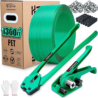 Banding Strapping Kit, Heavy Duty Pallet Packaging Kit with >1500lbs 5/8" x 1300' PET Strapping Roll, 300 Metal Seals, 100 Corner Protectors, Strapping Tensioner, Banding Sealer Tool