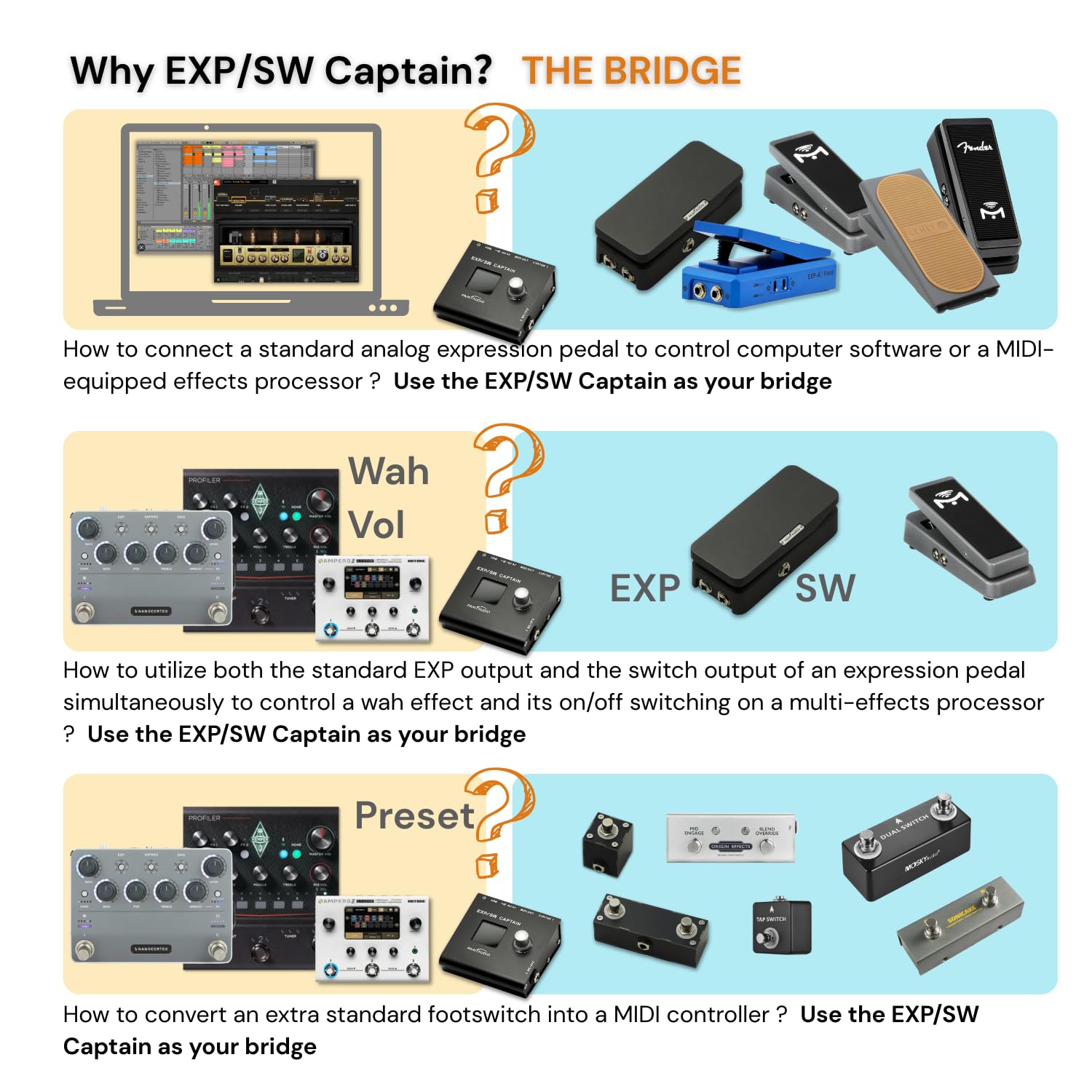 PAINTAUDIO EXP/SW CAPTAIN Multi-Function Expression Pedal & Footswitch to MIDI Controller Box : Musical Instruments