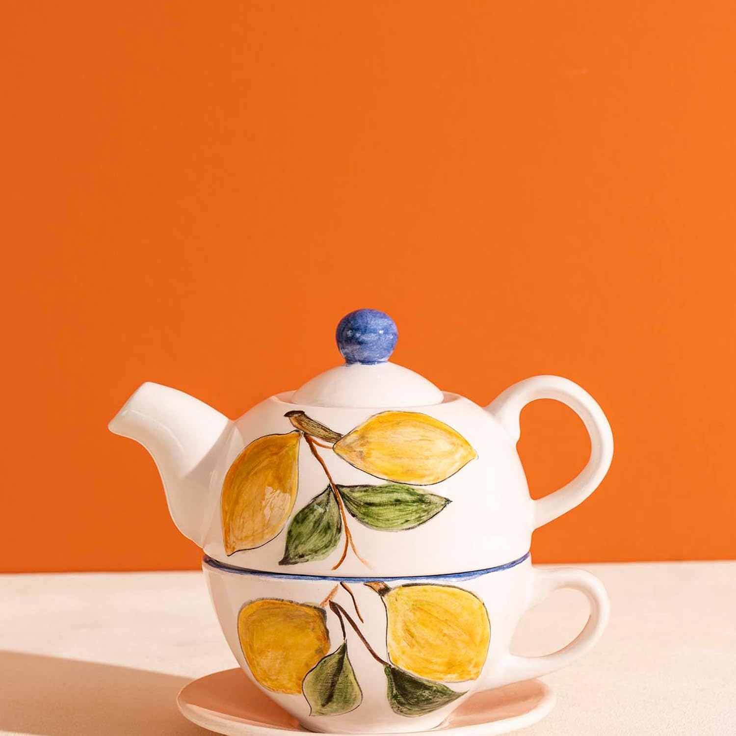 4-Piece Ceramic Tea Set with Teapot and Cups | Porcelain Tea Cup & Saucer Set for Adults | Elegant Vintage-Style Gift for Women, Girls, Parties, Christmas & Home Tea Time (Lemon Pattern)