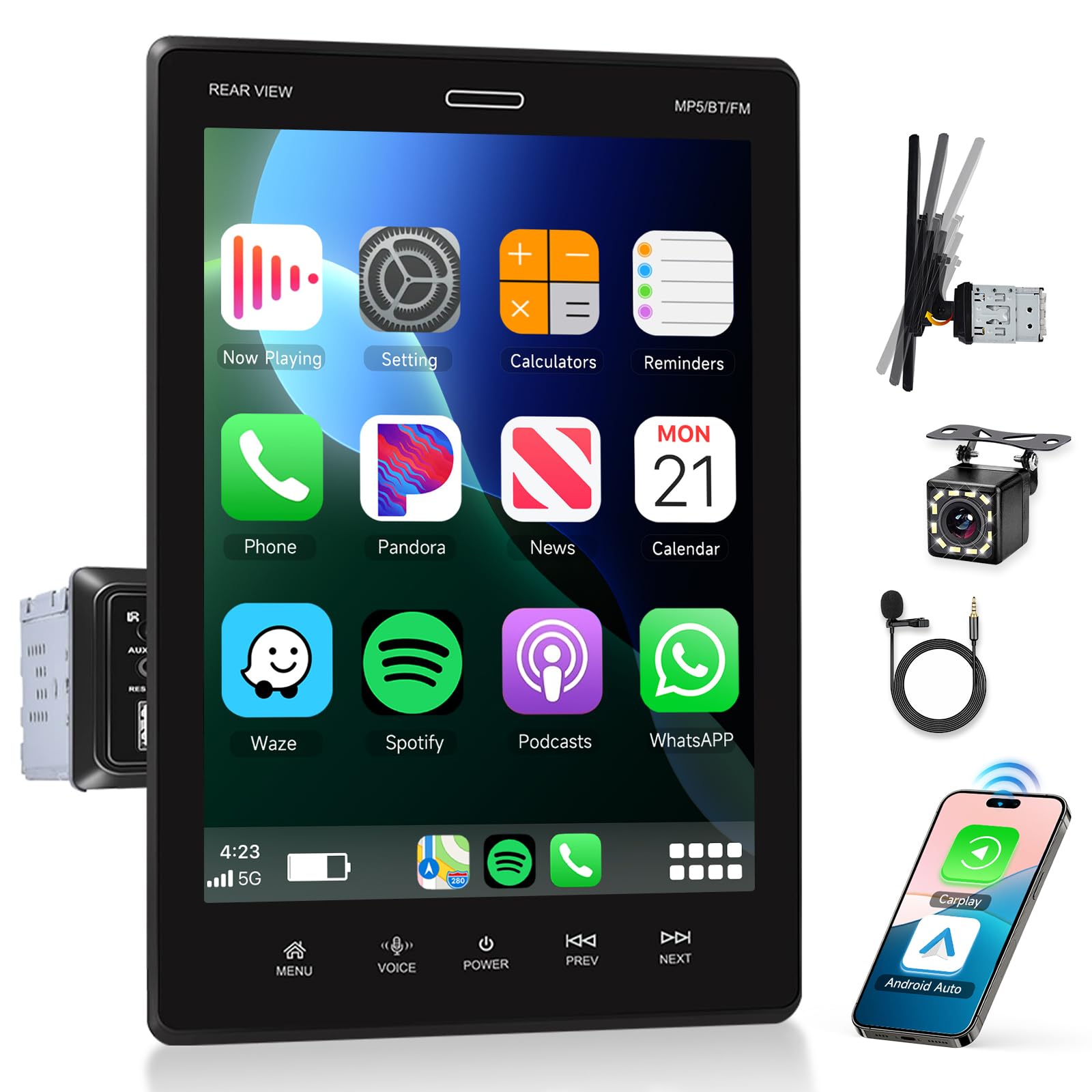 Podofo Single Din Car Radio Support Carplay Android Auto 9.5 Inch Rotatable Touch Screen Car Stereo with Mirror Link Bluetooth FM Support TF/USB Rear View Camera Steering Wheel Controls